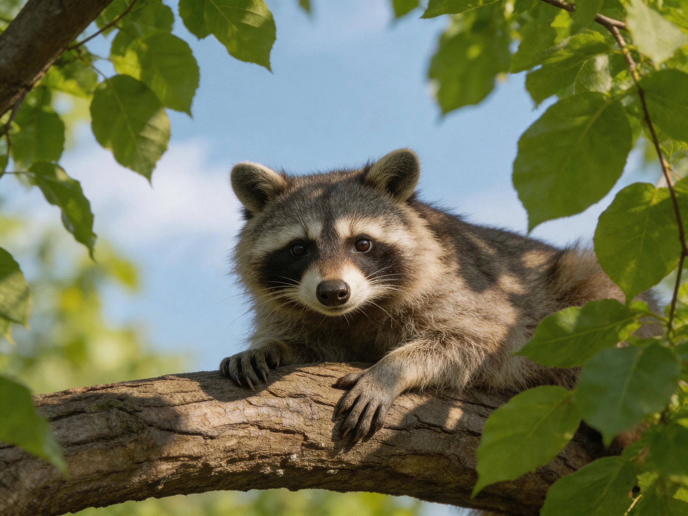A gray-furred raccoon rests on a brown tree branch amid green foliage