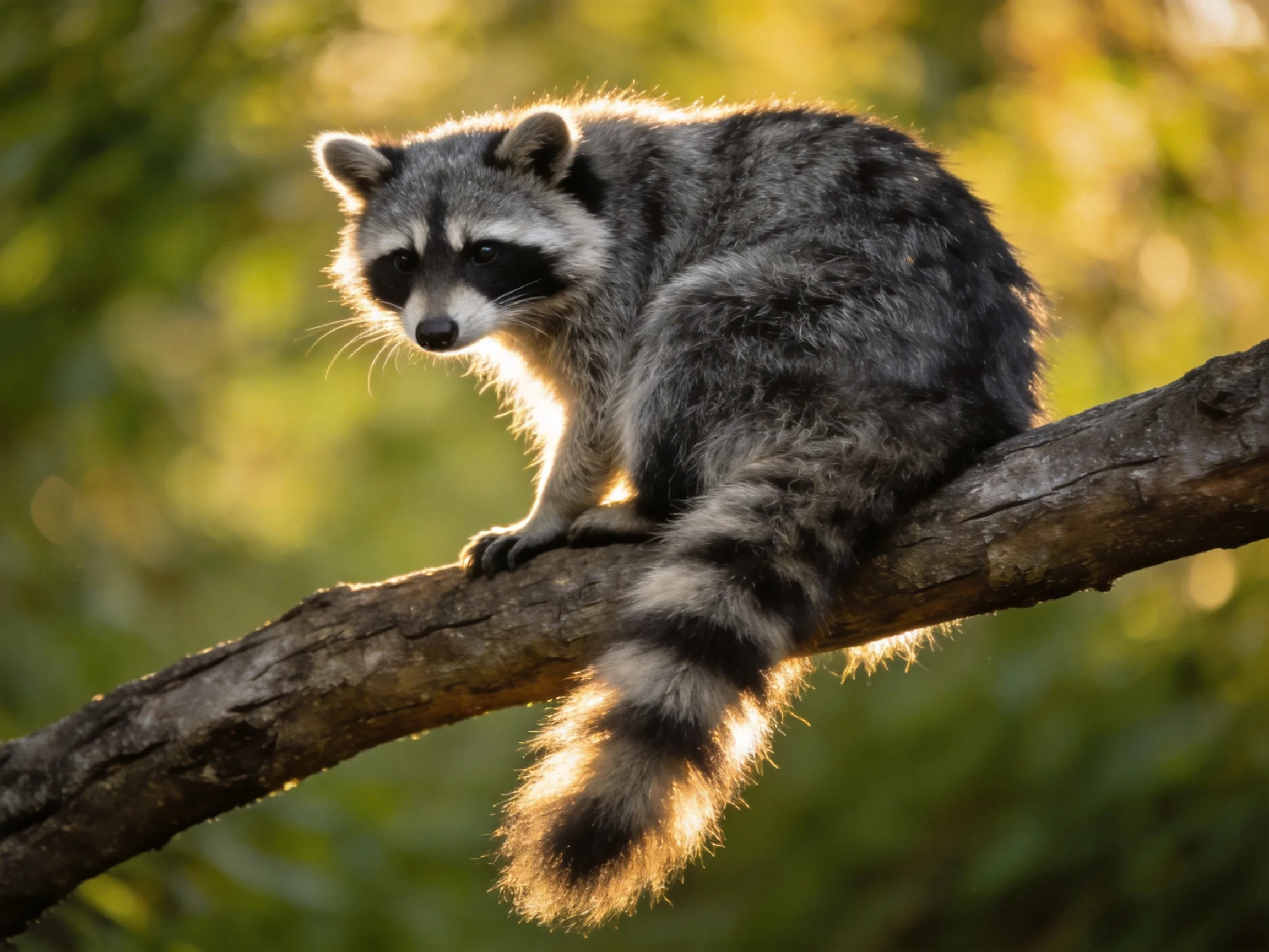 A gray-furred raccoon rests on a thick tree branch amid golden sunlight