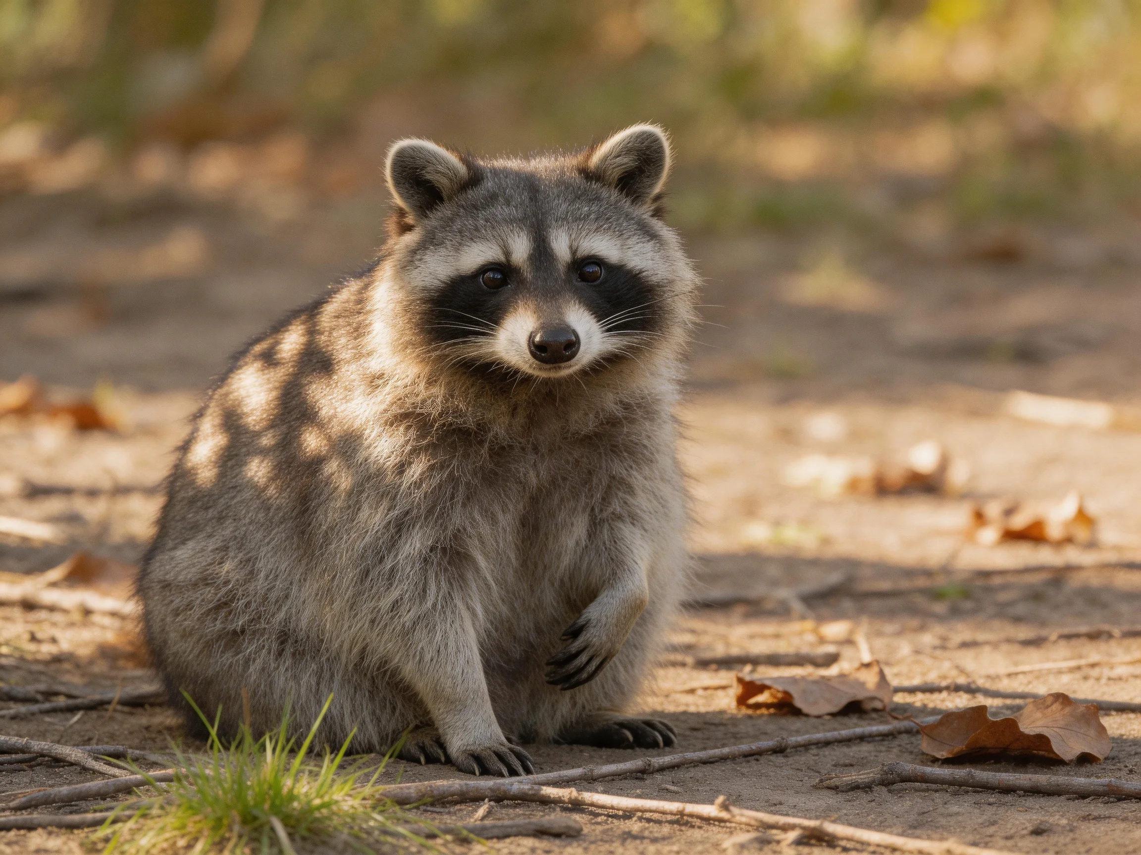 A gray-furred raccoon sits amid dry leaves and dirt