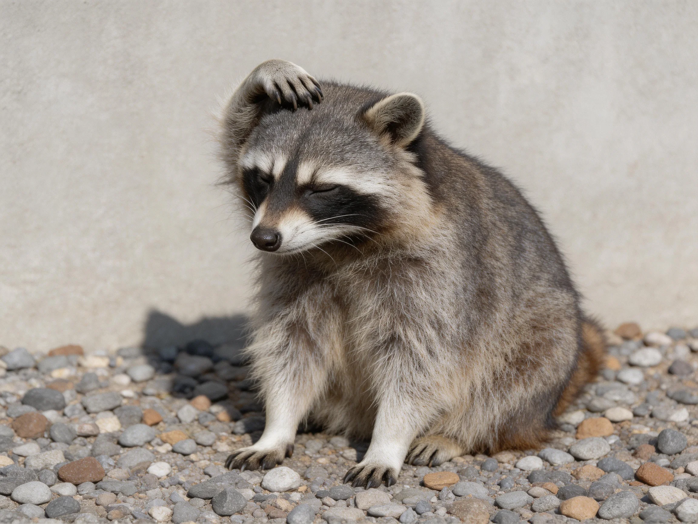 A gray-furred raccoon sits among multicolored pebbles near a plain wall