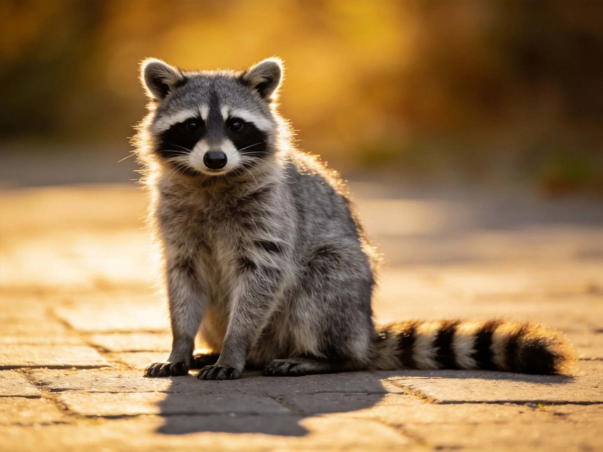 A gray-furred raccoon sits on a sunlit paved surface with a striped tail