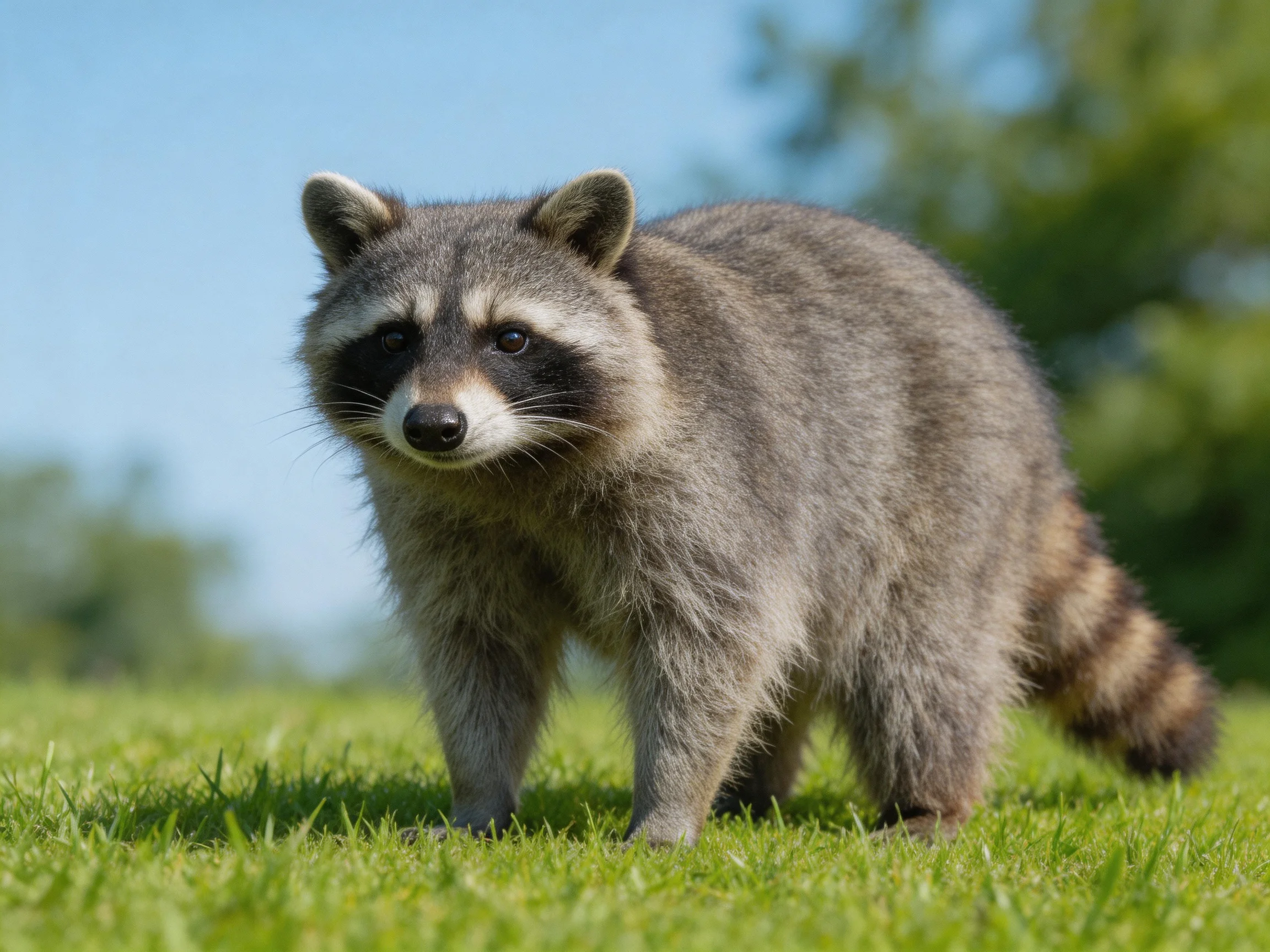 A gray-furred raccoon stands on lush green grass near blurred trees
