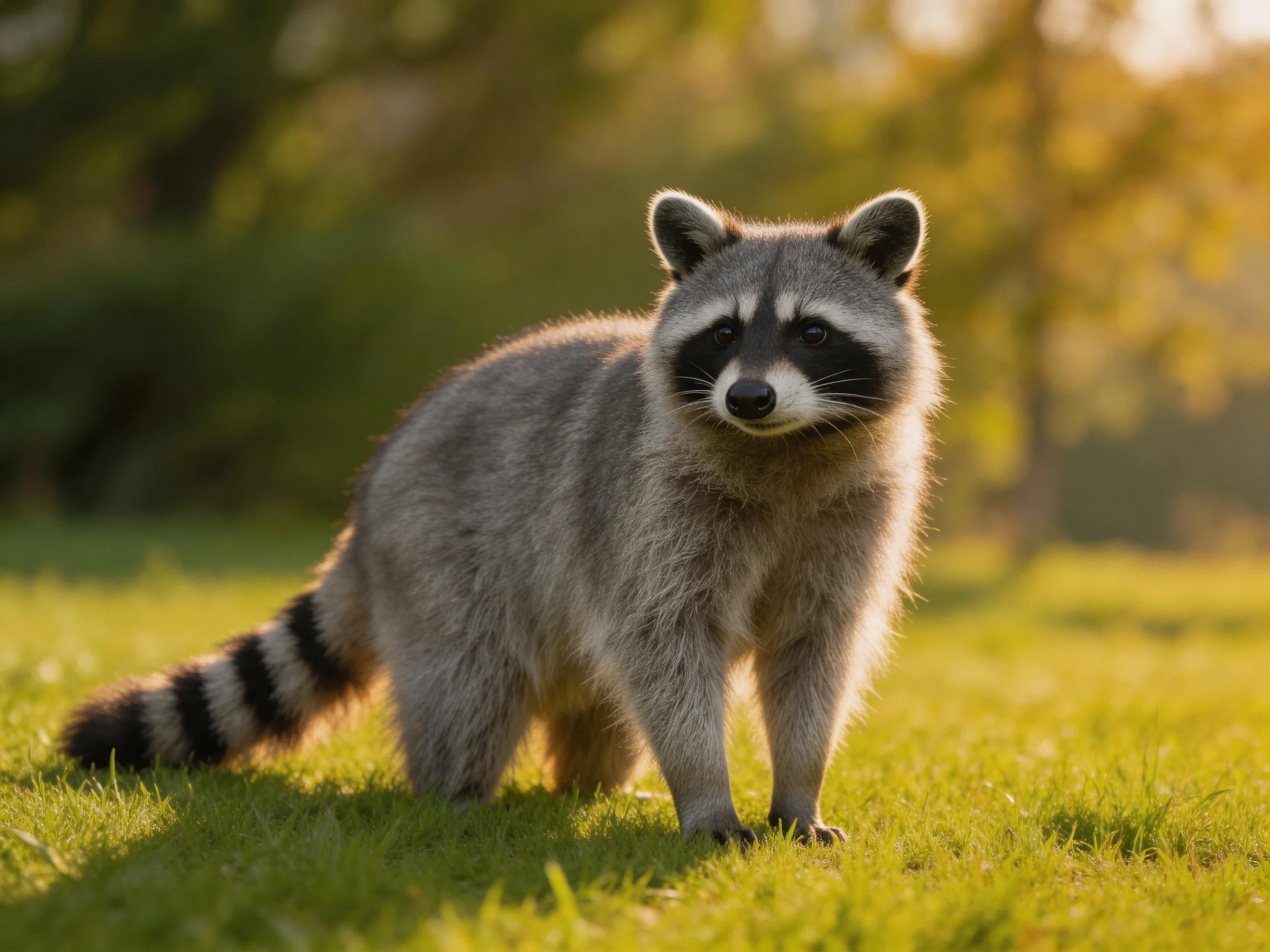 A gray-furred raccoon stands on vibrant green grass in golden light