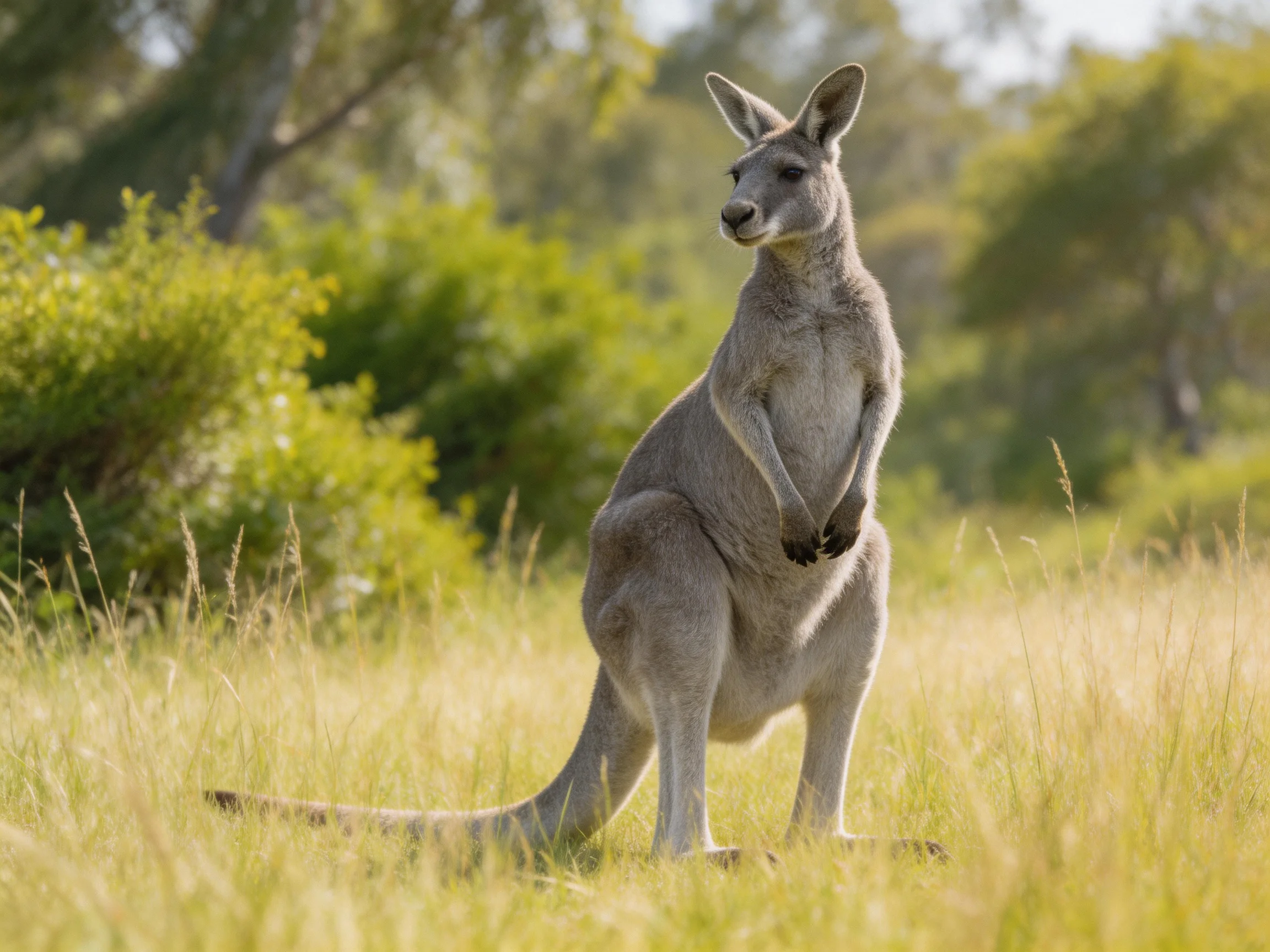 A gray kangaroo stands alertly in a sunlit meadow with greenery.