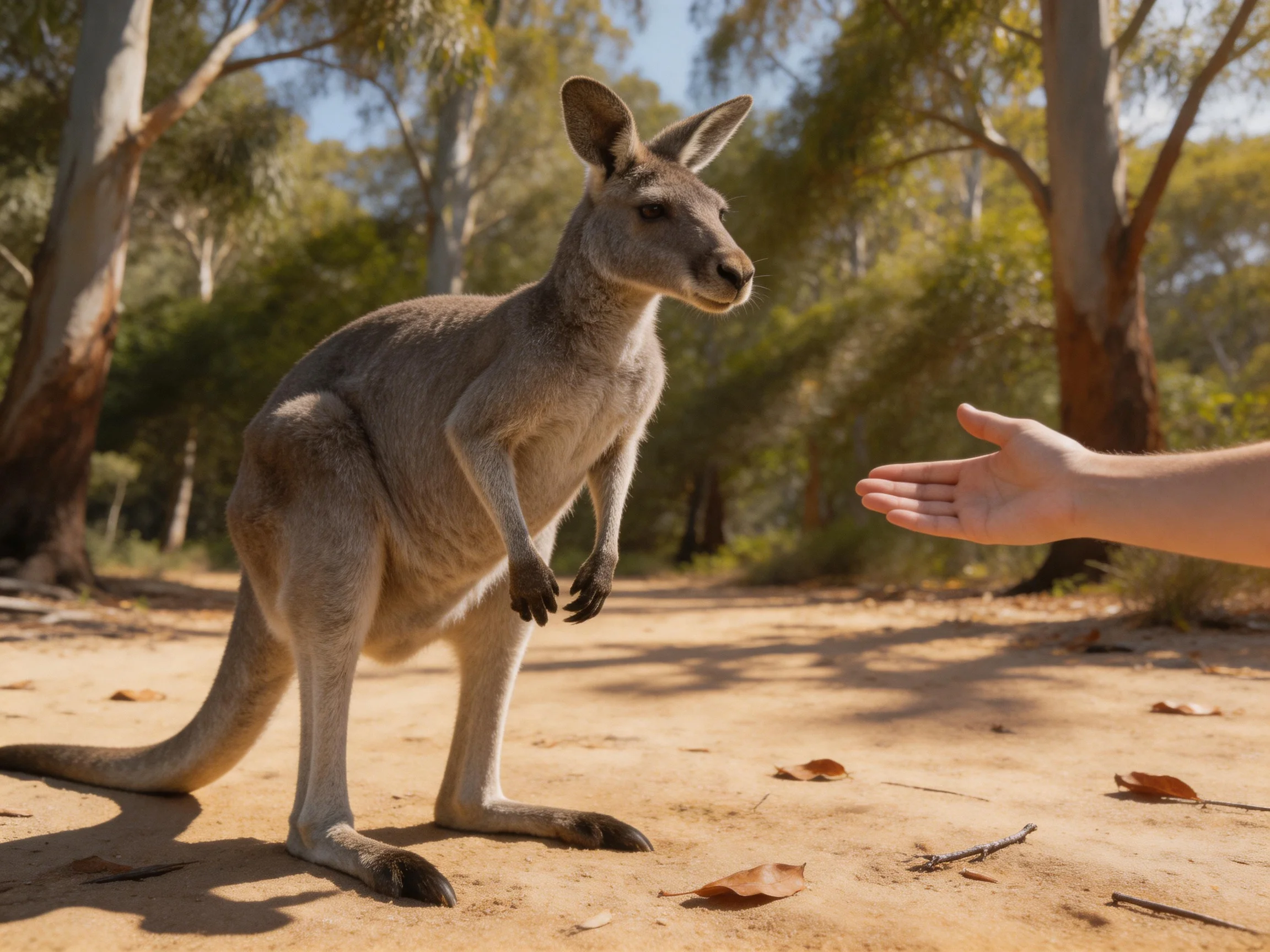A gray kangaroo stands near an outstretched human hand in a sunlit forest