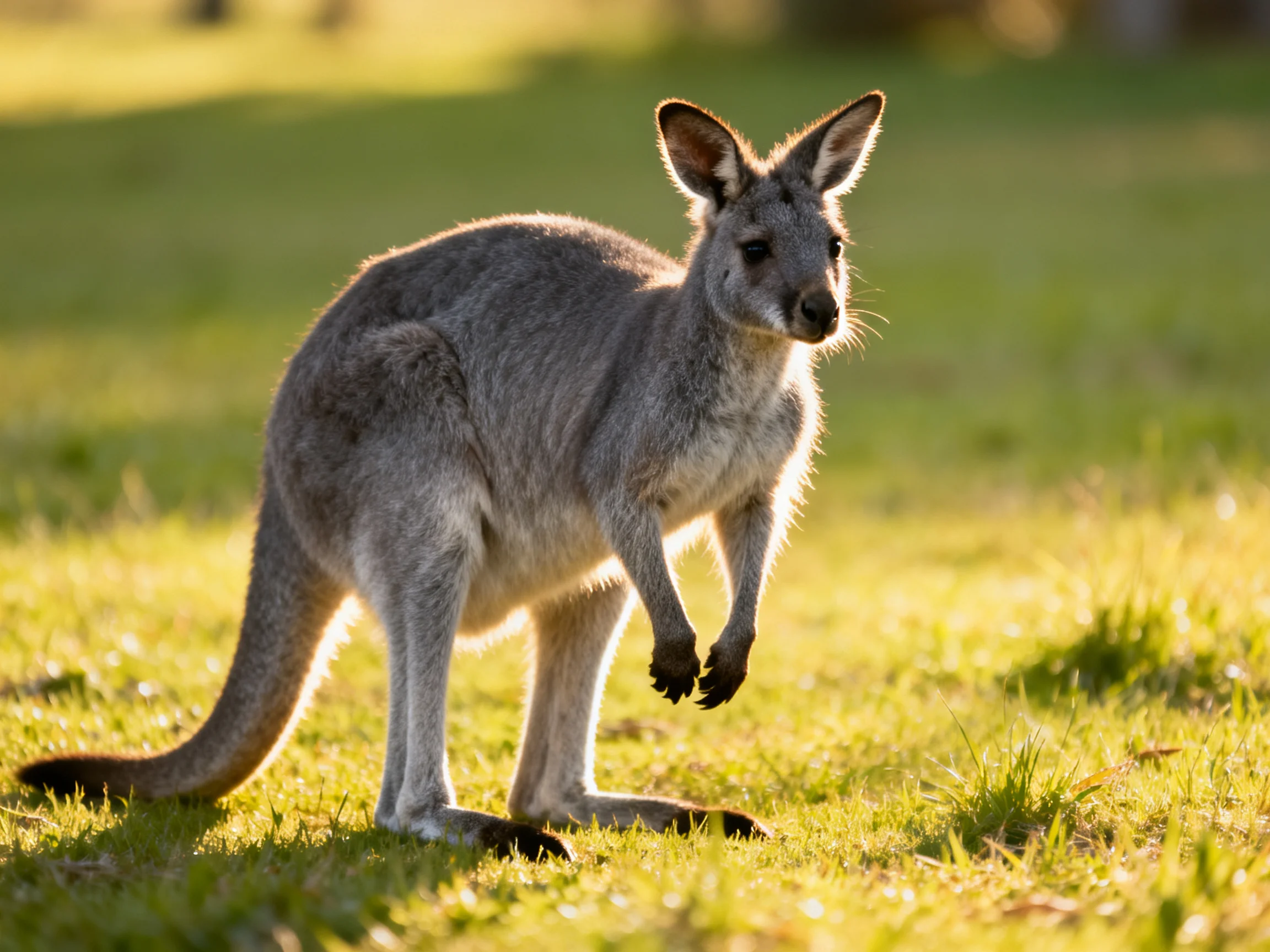 A gray kangaroo stands on sunlit grass in a natural environment.