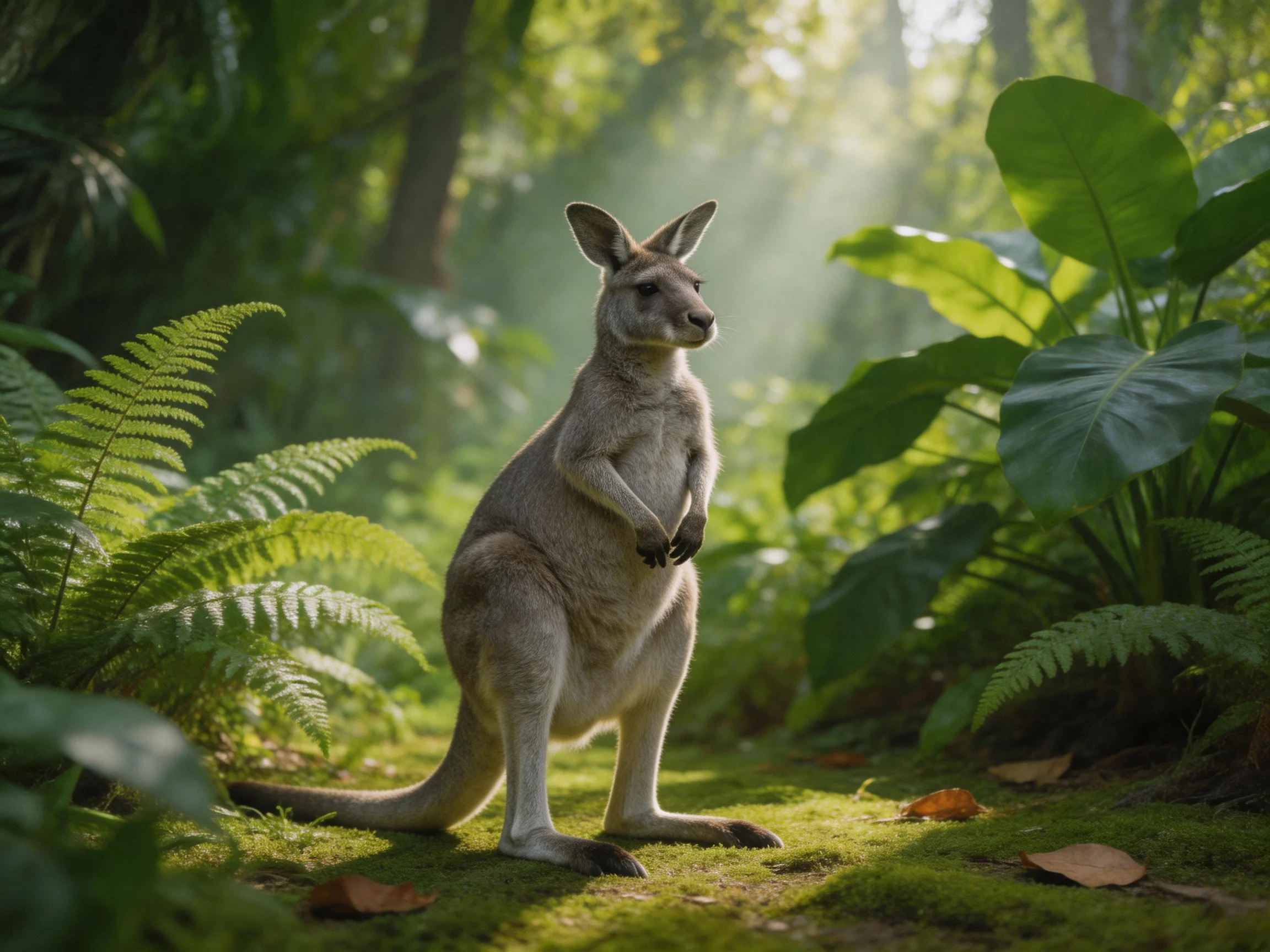 A gray kangaroo surrounded by ferns and large leafy plants in a sunlit forest