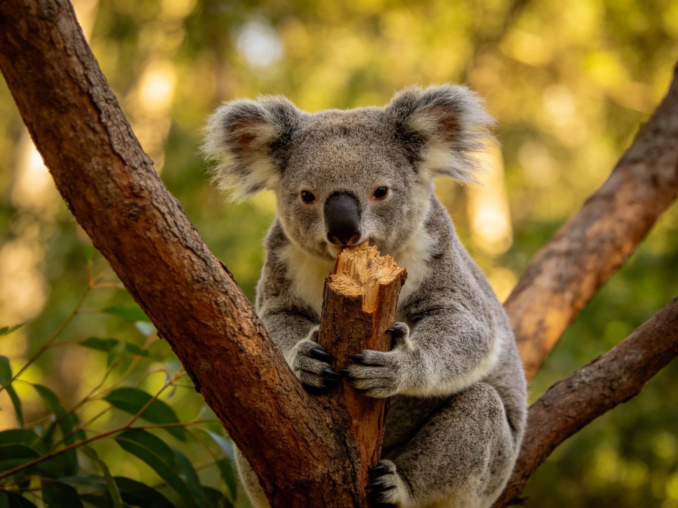 A gray koala clings to a brown branch amid green foliage