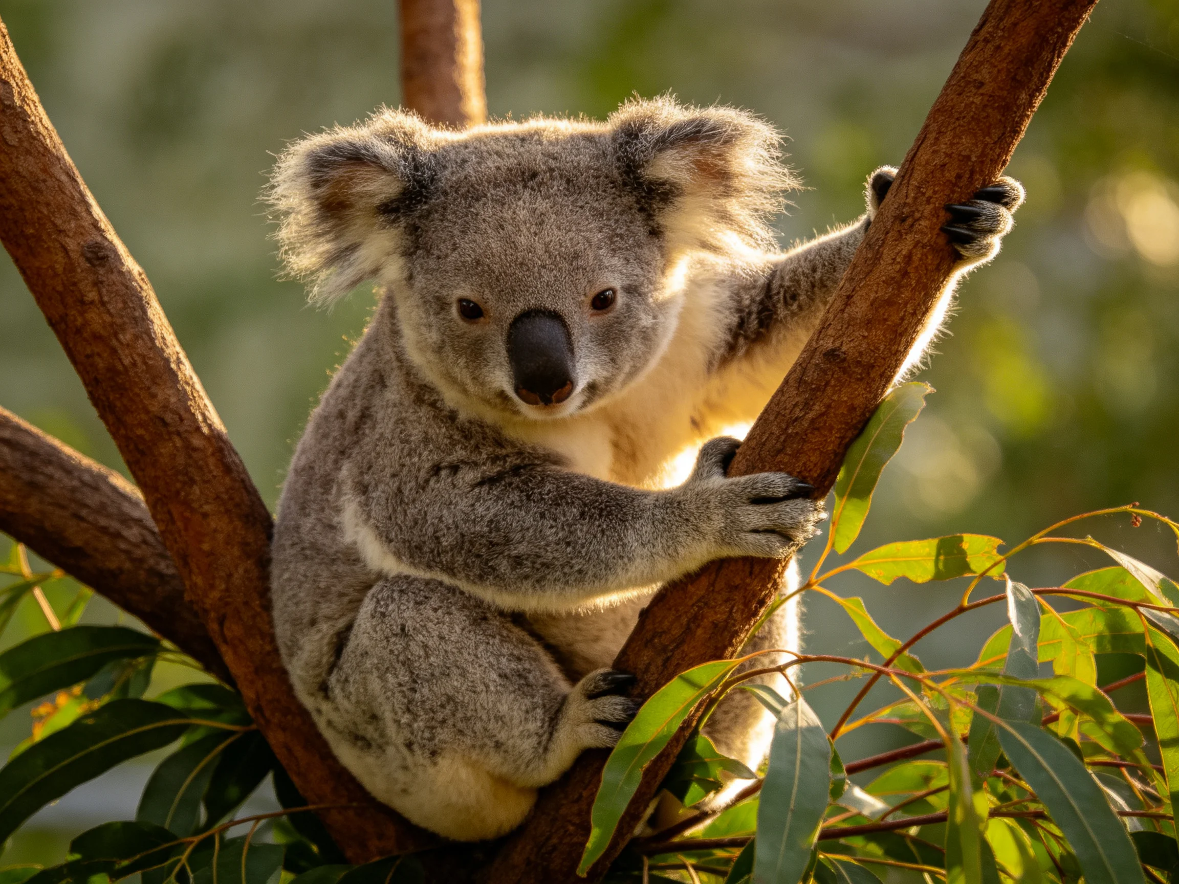 A gray koala clings to brown eucalyptus branches in soft light