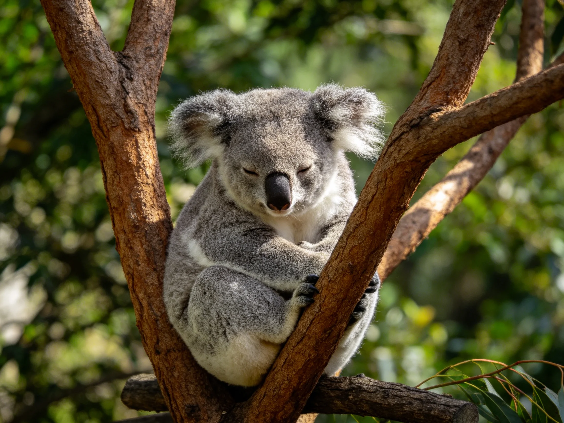 A gray koala clings to brown eucalyptus branches in sunlight