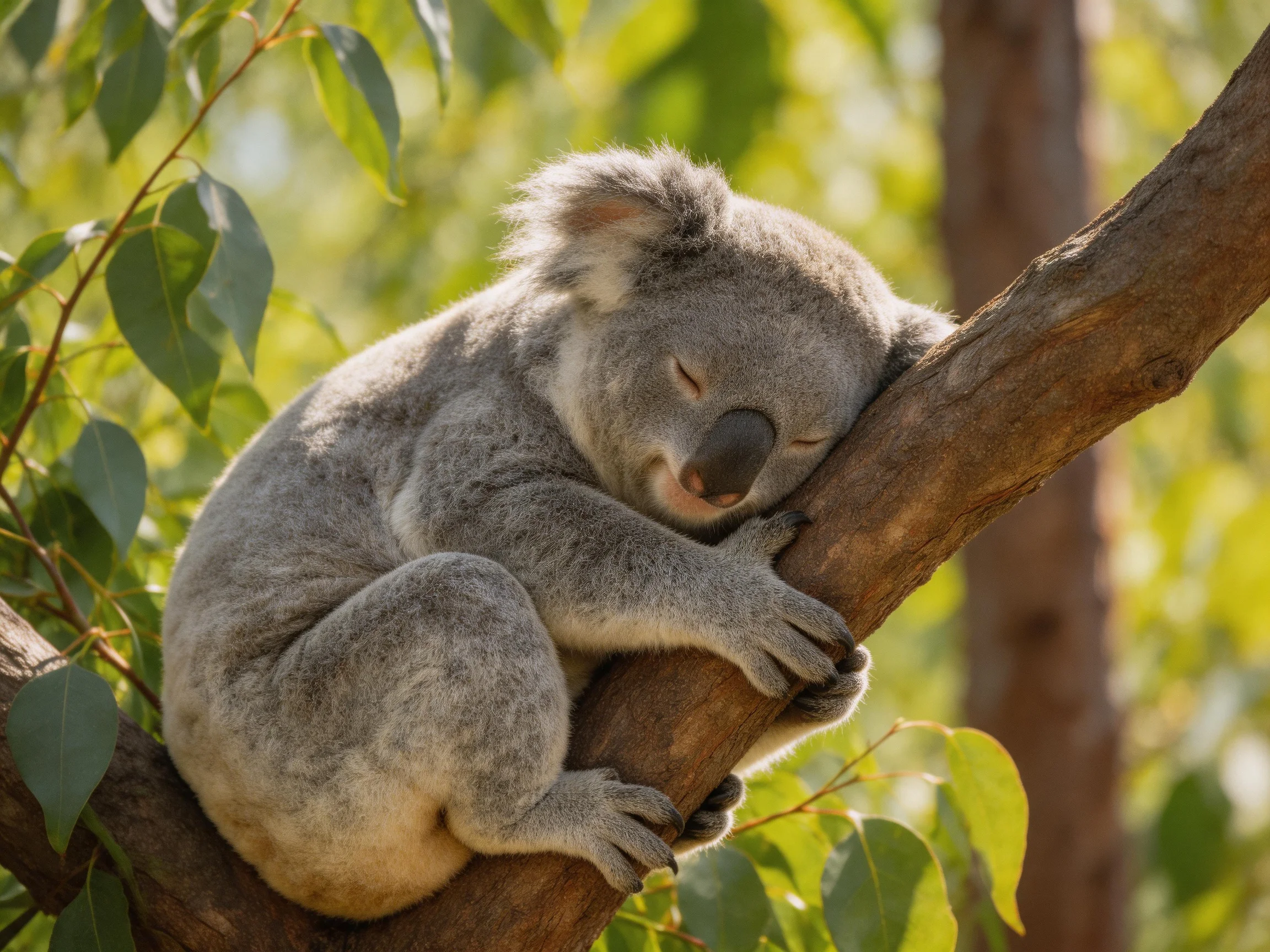 A gray koala curls up asleep on a brown tree branch among green eucalyptus leaves