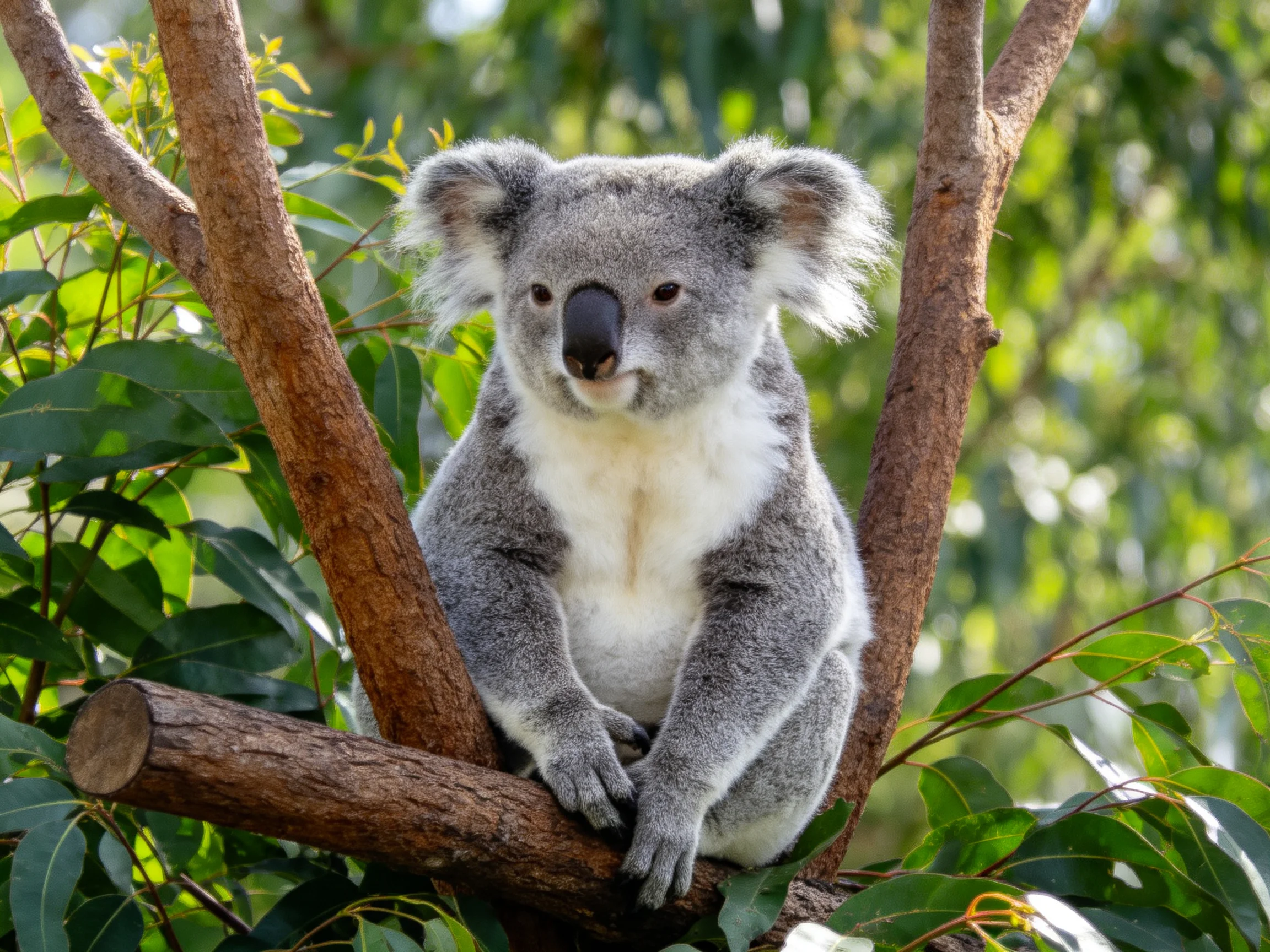 A gray koala sits on a tree branch surrounded by green leaves.