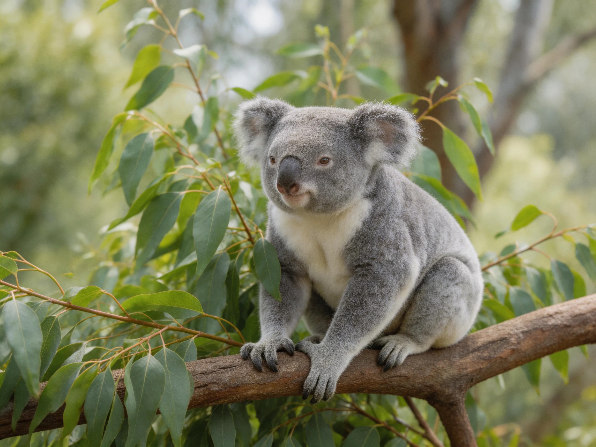 A gray koala sits calmly on a tree branch surrounded by green leaves.