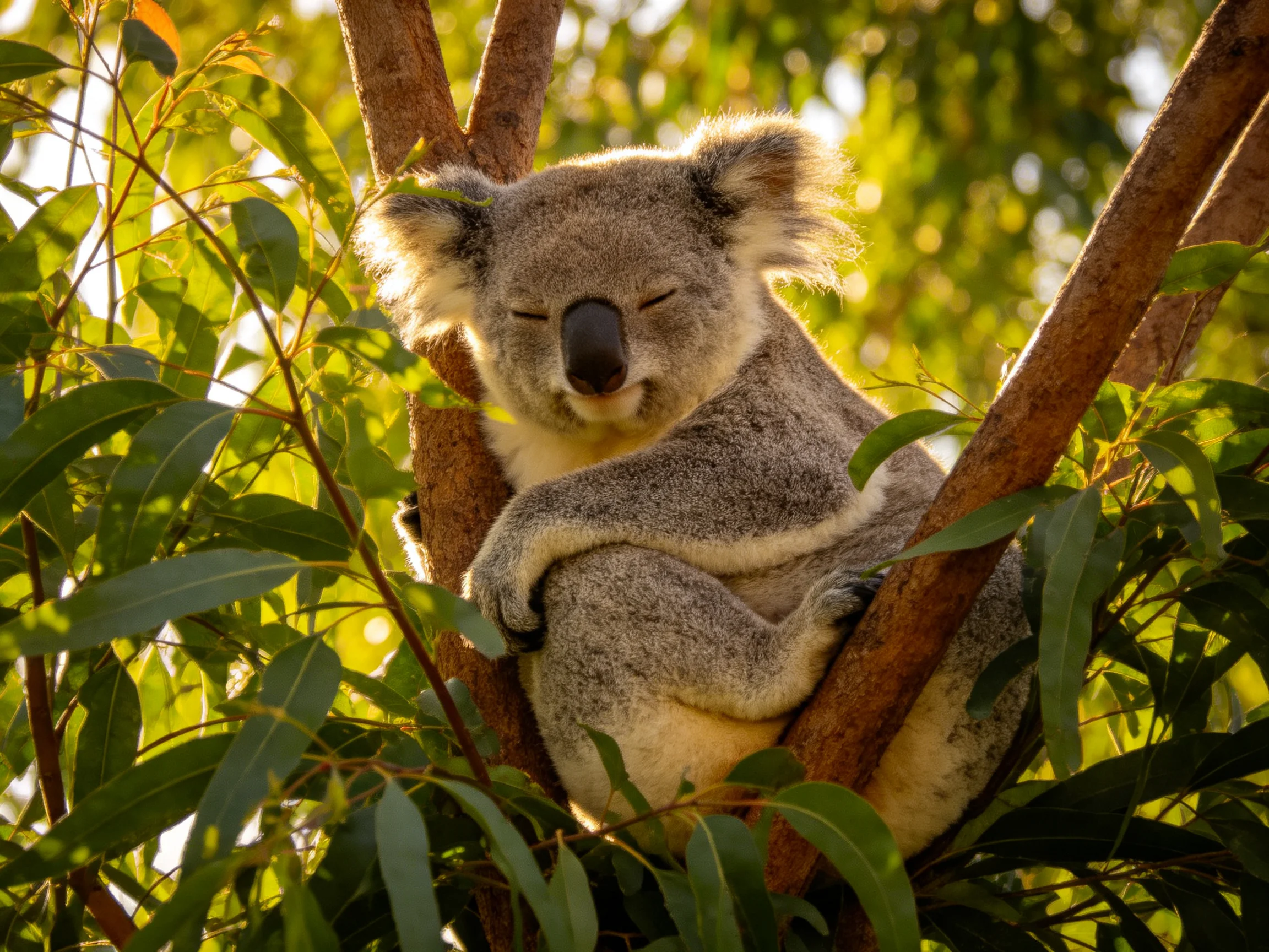 A koala curls up for rest among eucalyptus leaves in bright daylight.