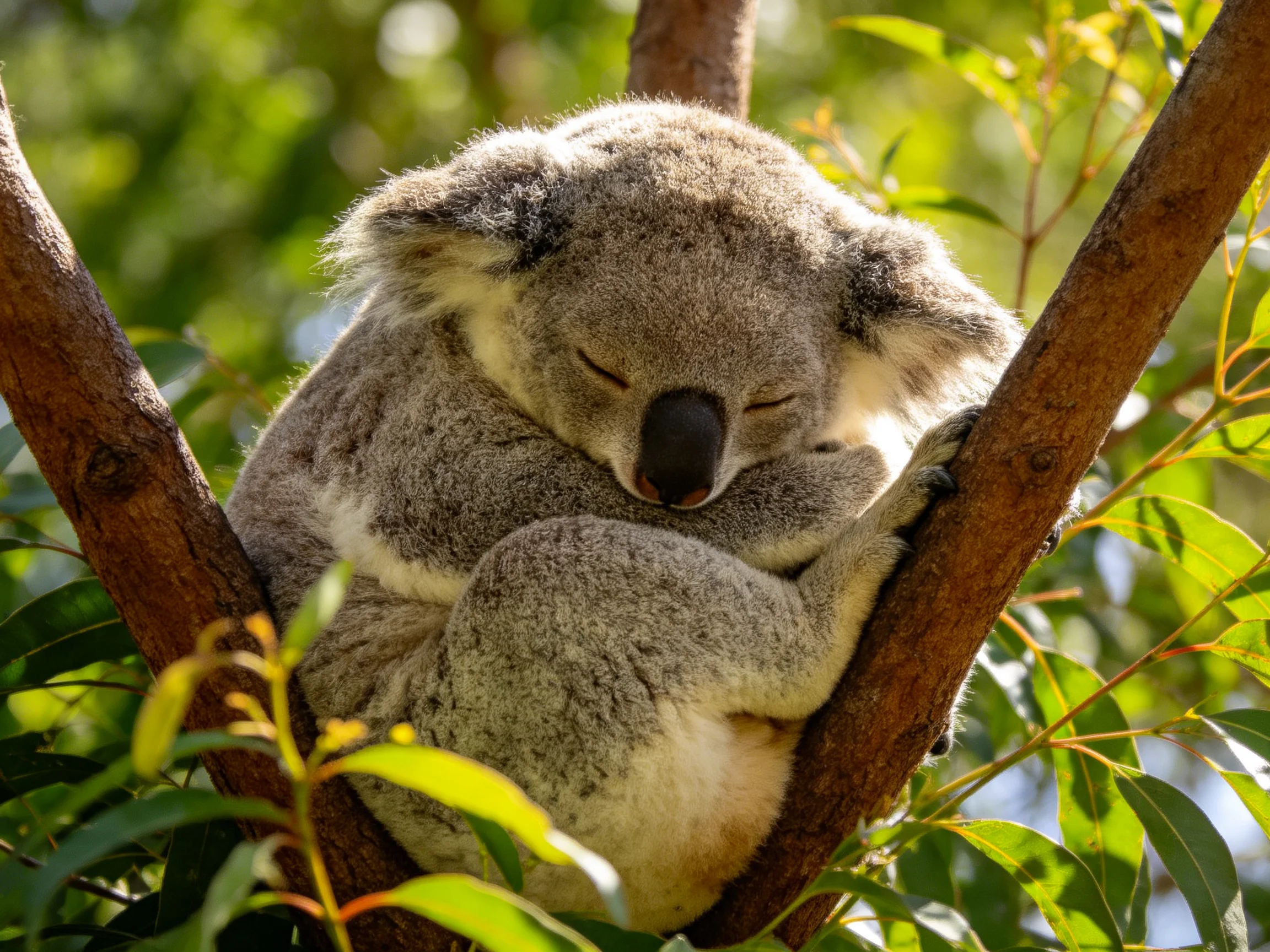 A koala rests peacefully among eucalyptus branches in bright daylight.