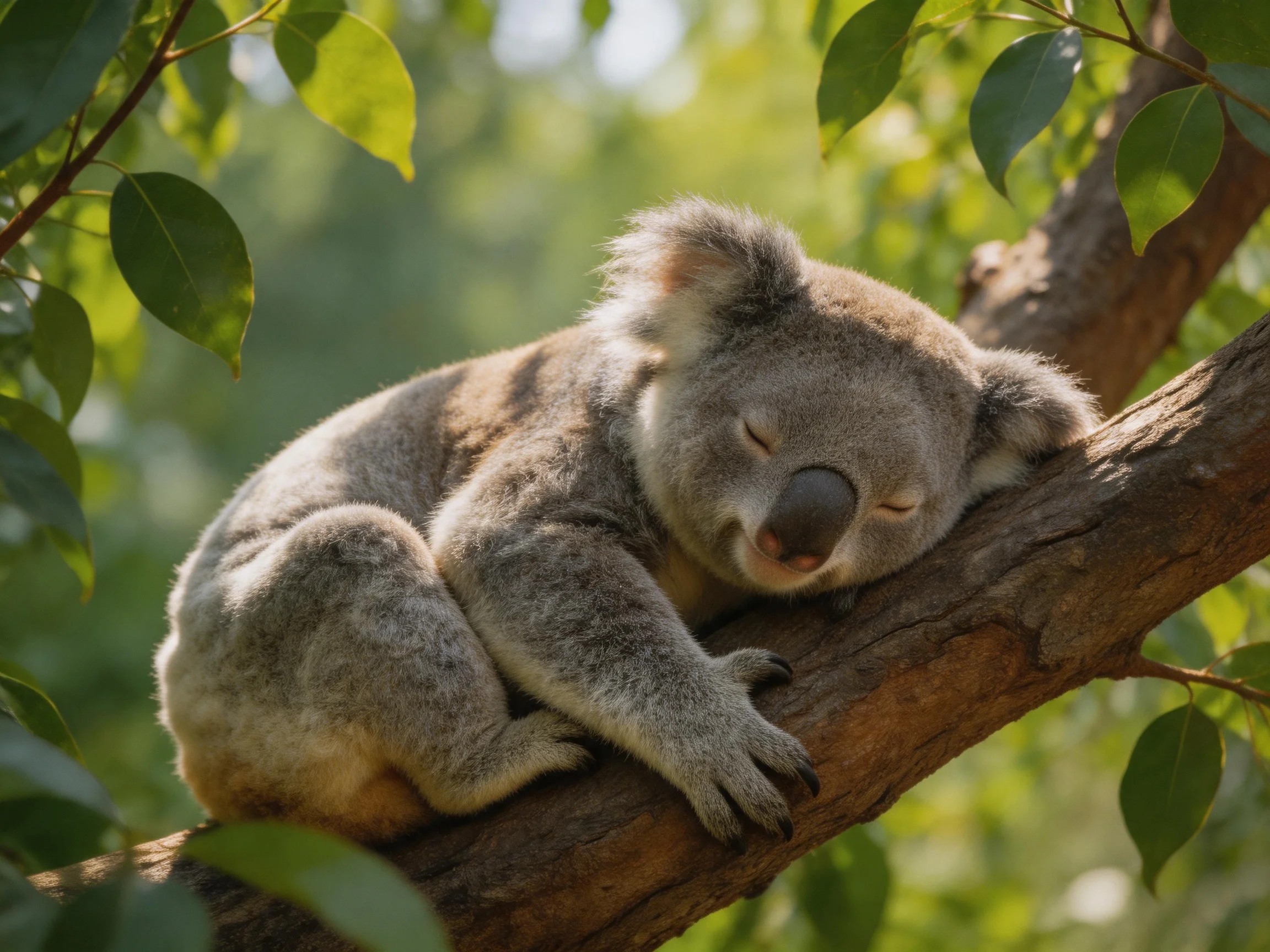 A gray koala rests on a brown tree branch surrounded by green leaves.