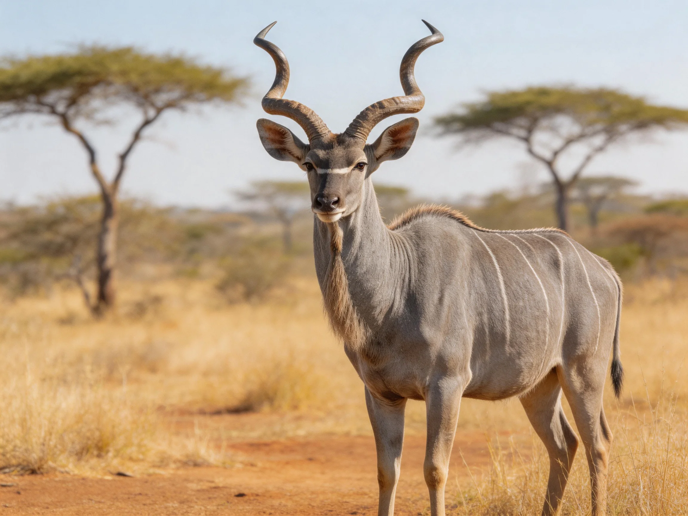 A gray kudu with curved horns in golden savannah