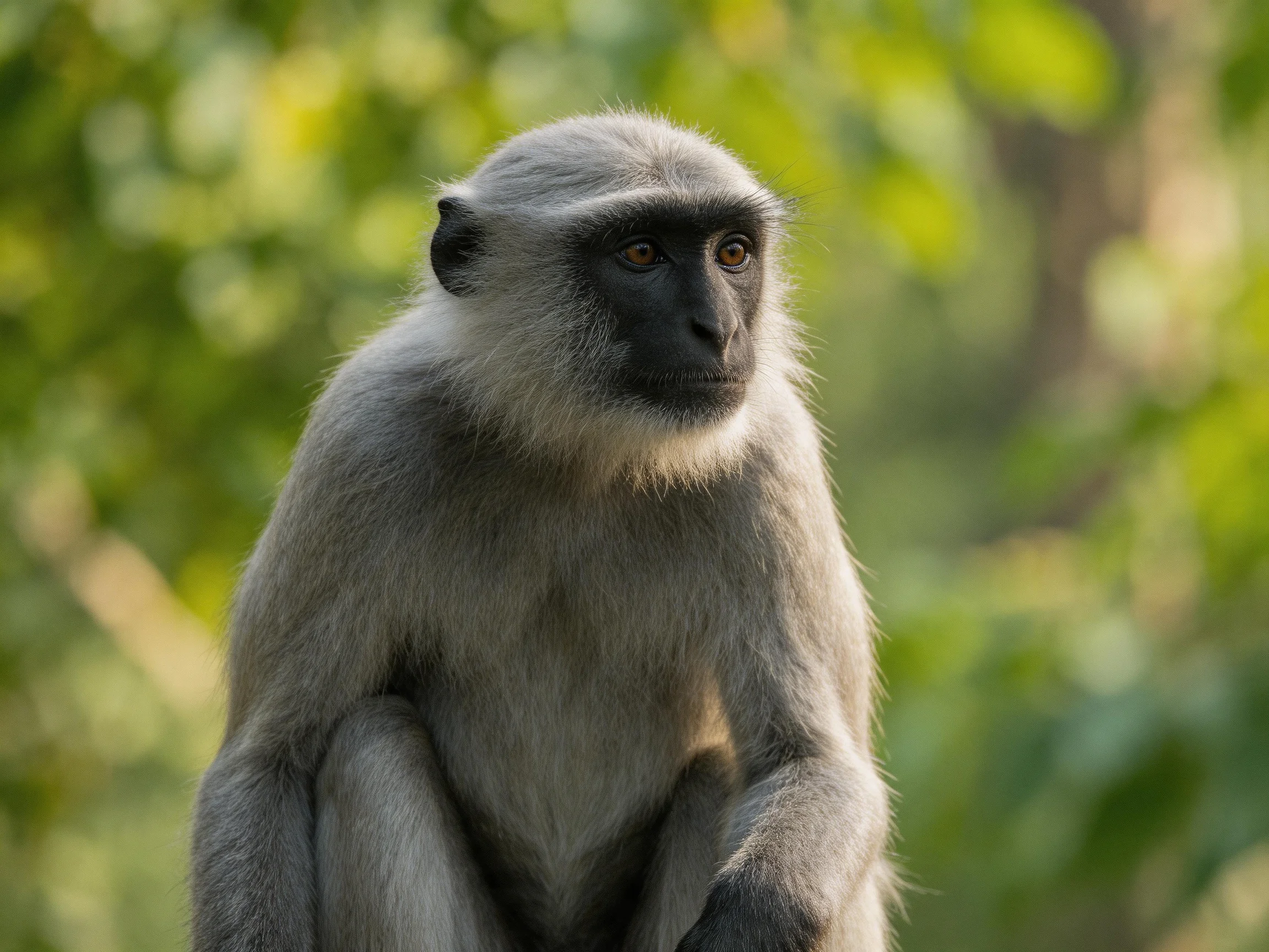 A gray langur monkey sits amid lush green foliage under soft natural light