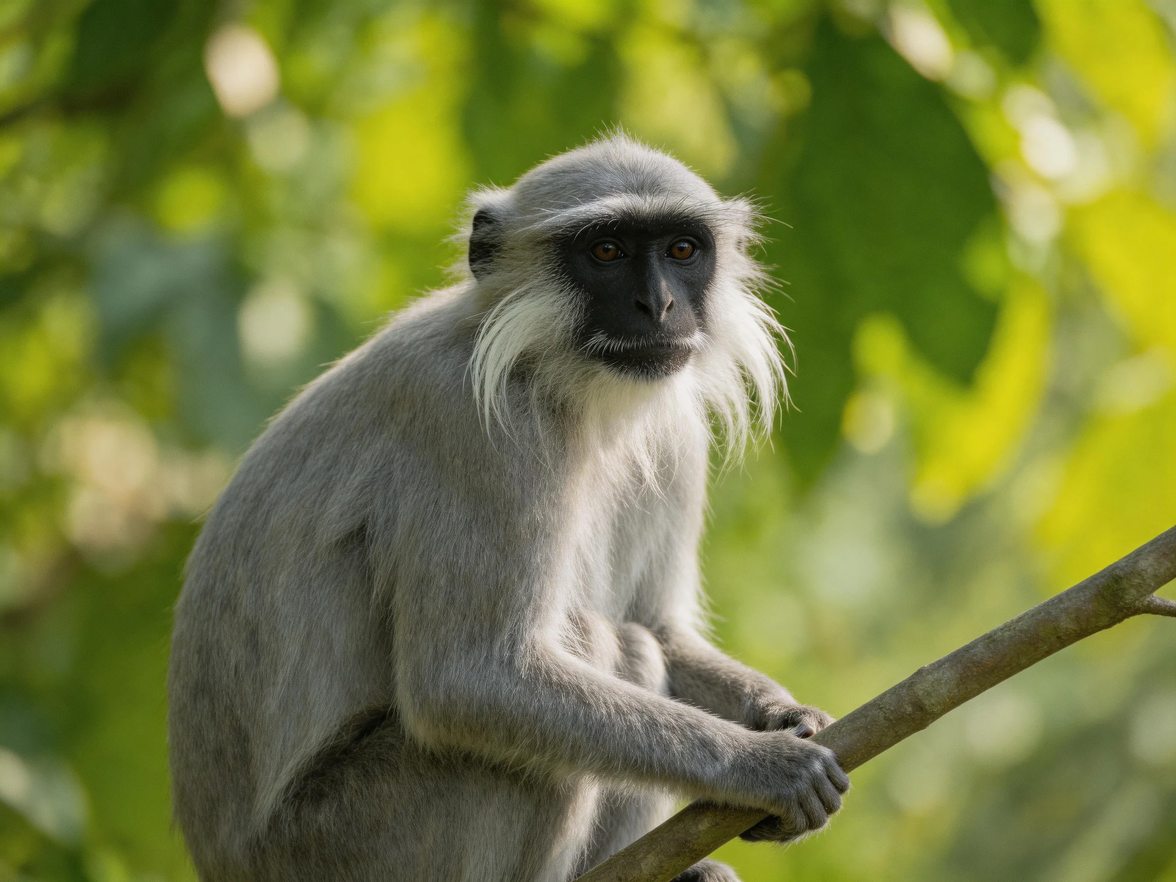 A gray langur perched on a tree branch amidst lush green foliage