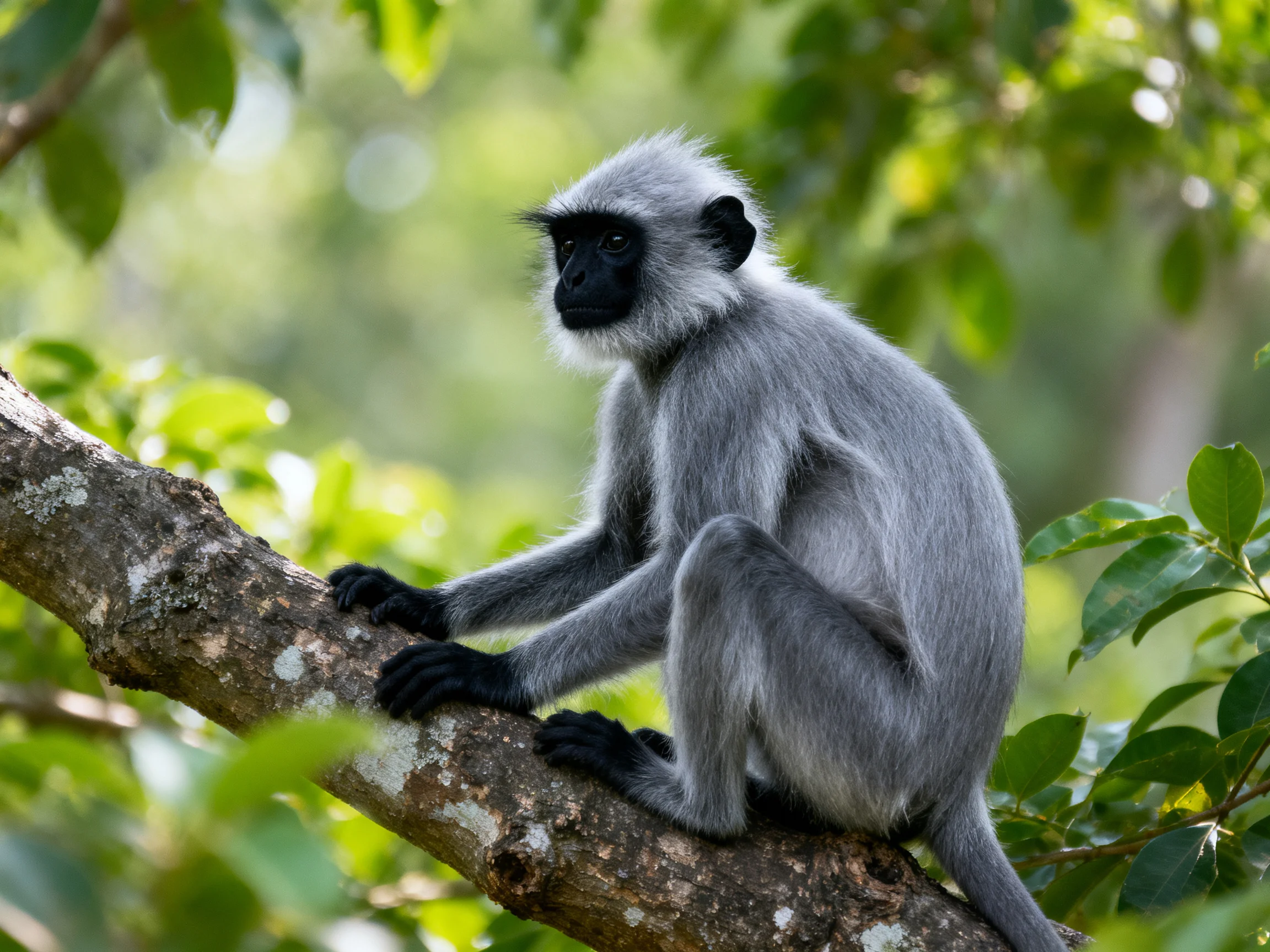 A gray langur perches on a tree branch surrounded by dense greenery.