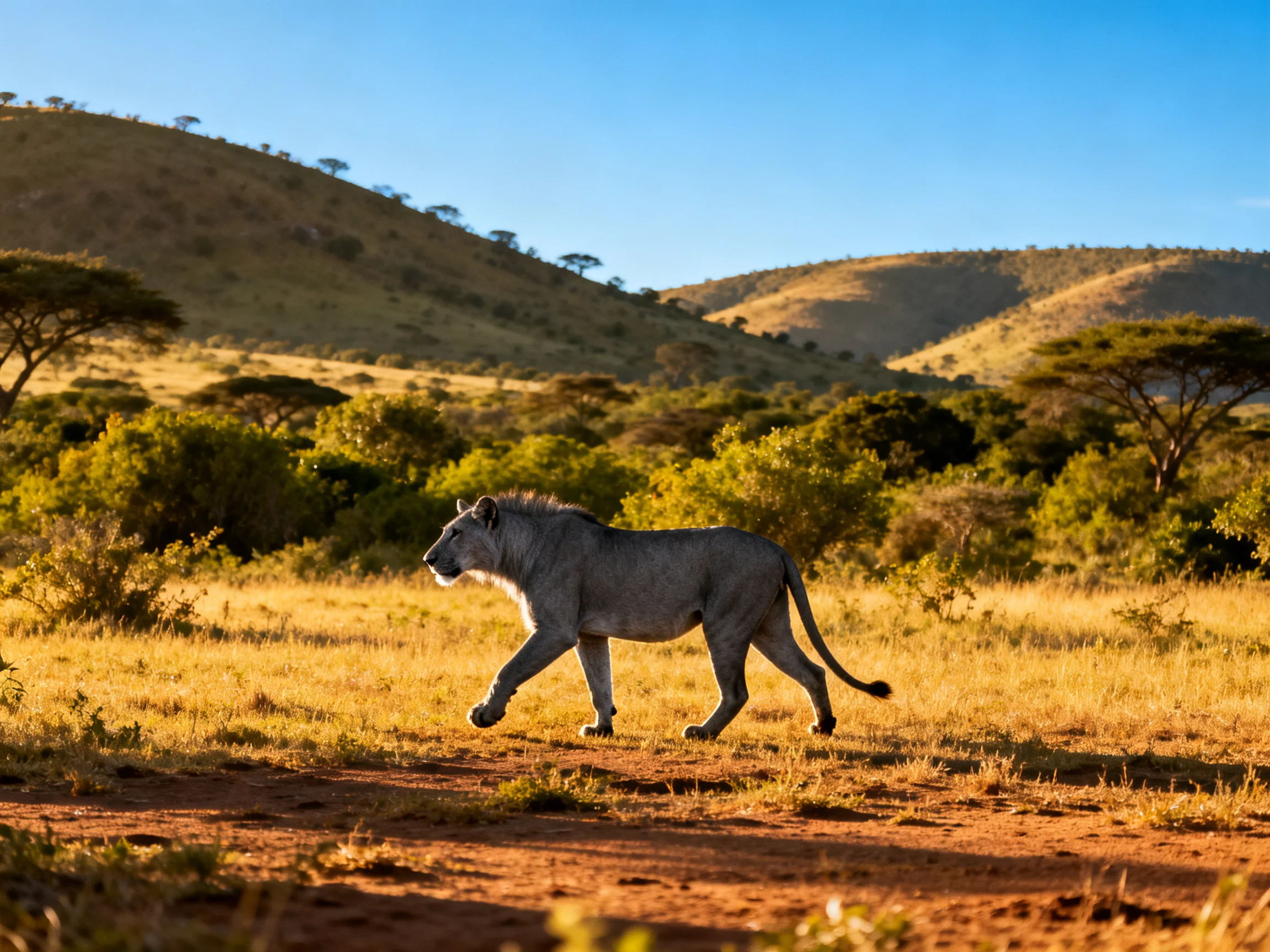 A gray lioness walks through golden savannah with rolling hills