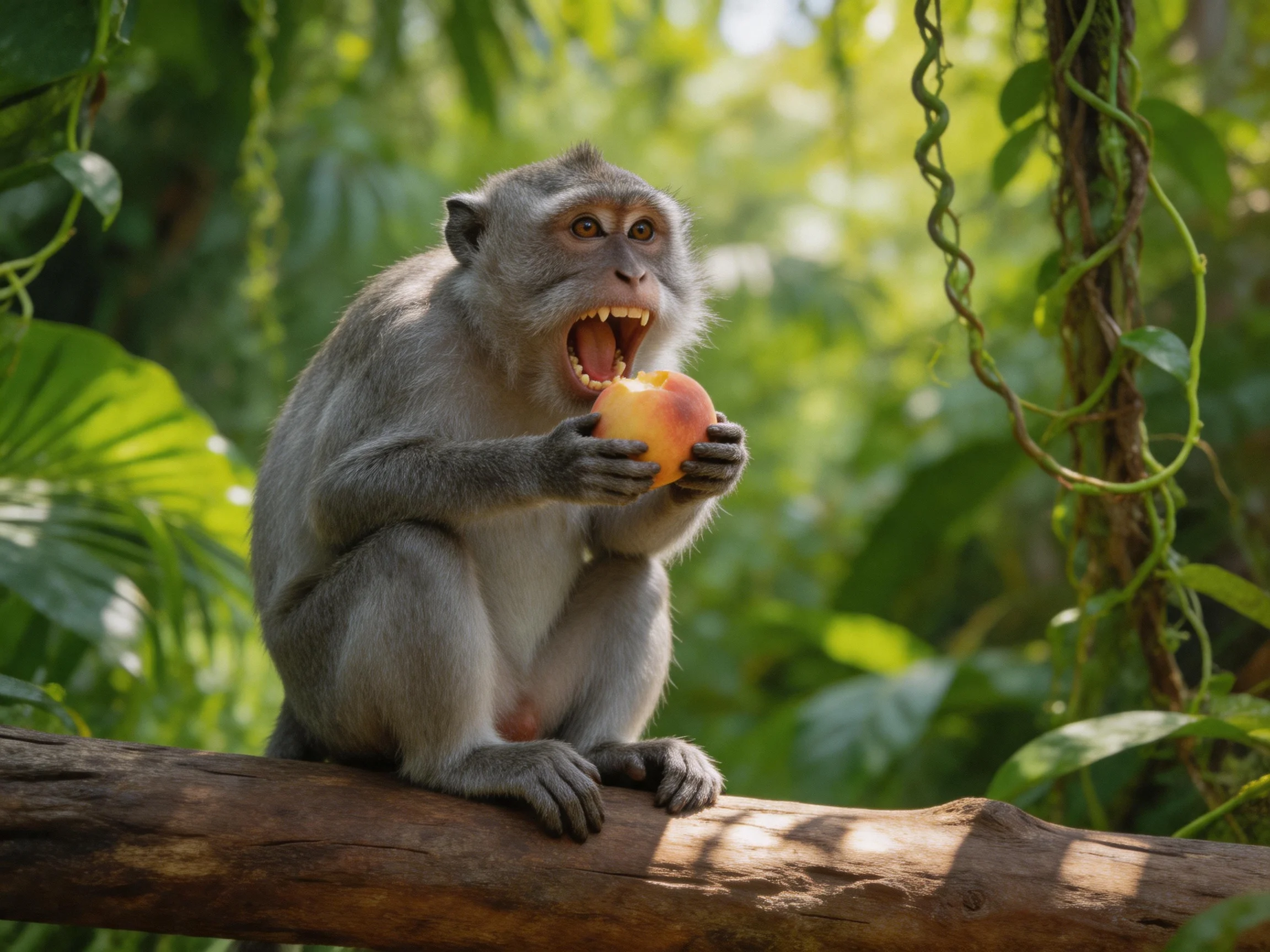 A gray monkey eating fruit on a wooden log in lush greenery