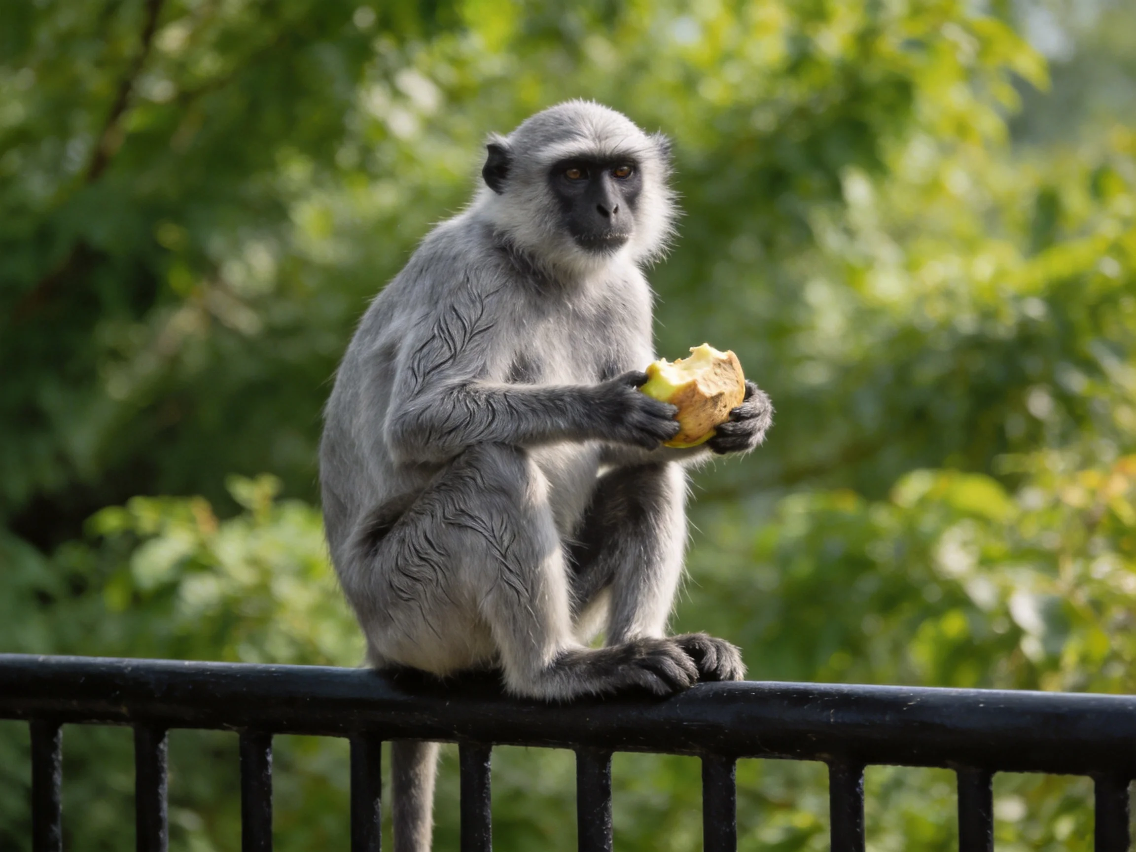 A gray monkey eats fruit on a railing in a green setting
