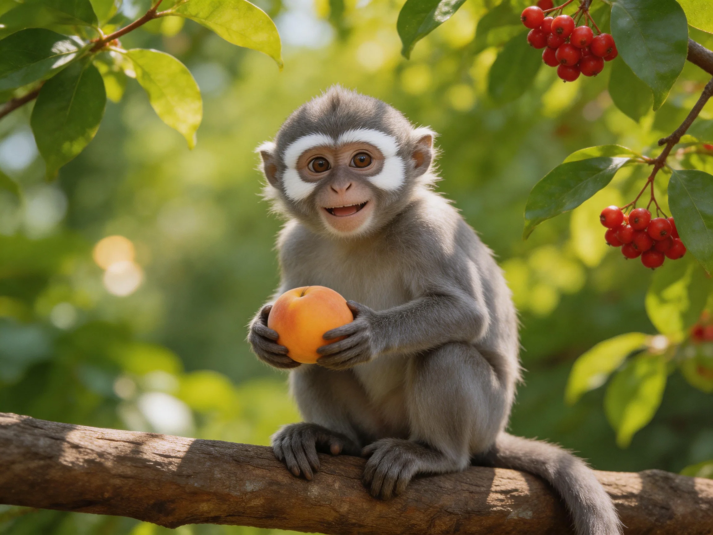A gray monkey holds an orange fruit on a brown tree branch near red berries