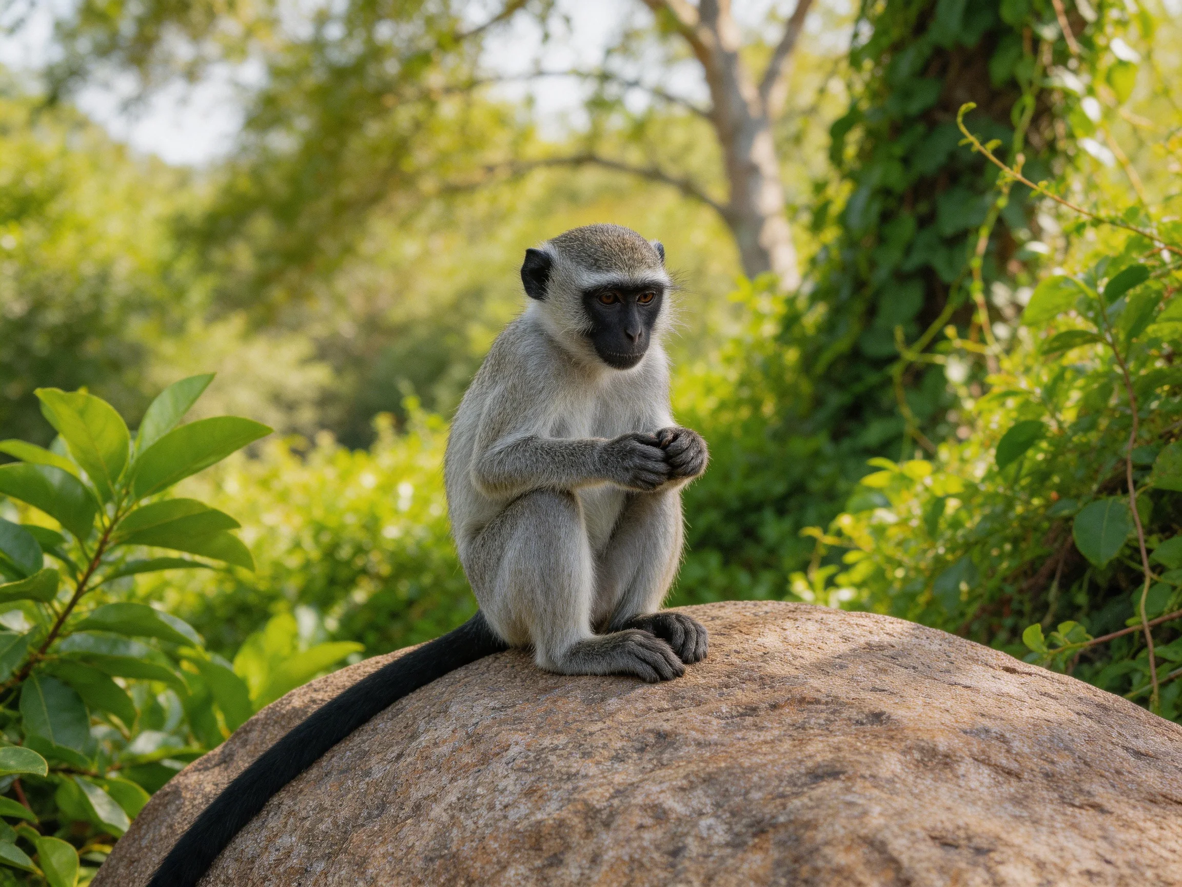 A gray monkey sits atop a large brown rock amid green foliage