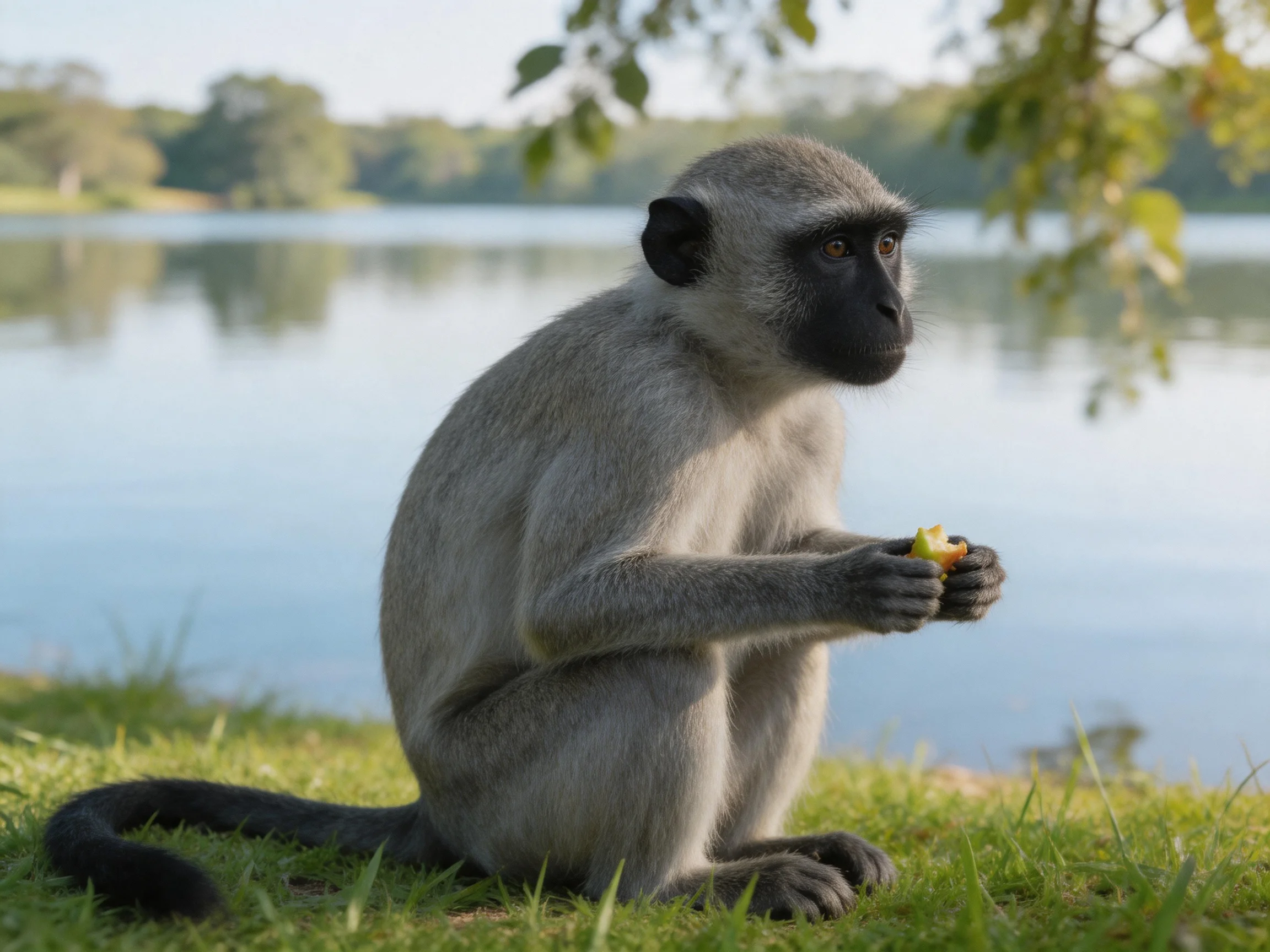 A gray monkey sits by calm water eating near greenery