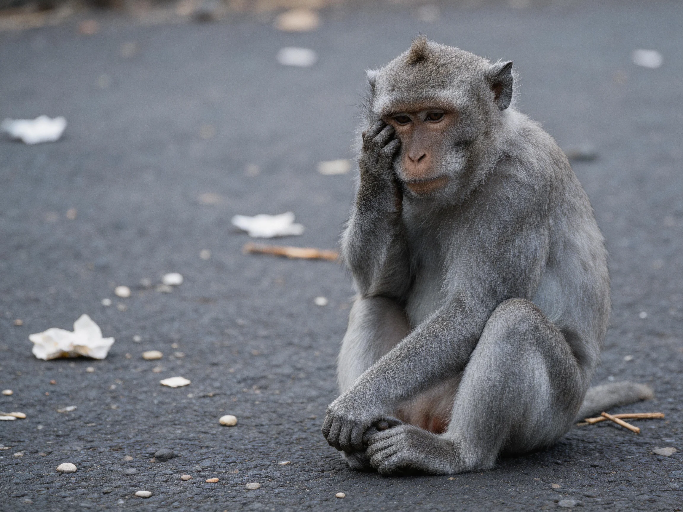 A gray monkey sits contemplatively amid litter on a paved area