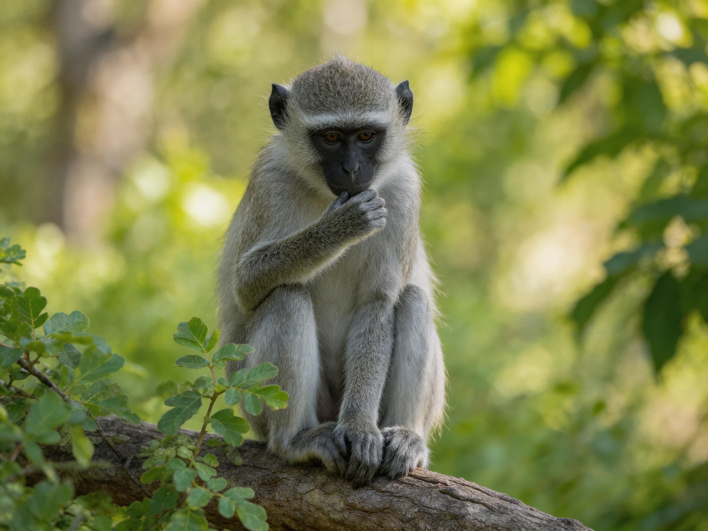 A gray monkey sits on a tree branch amid lush greenery