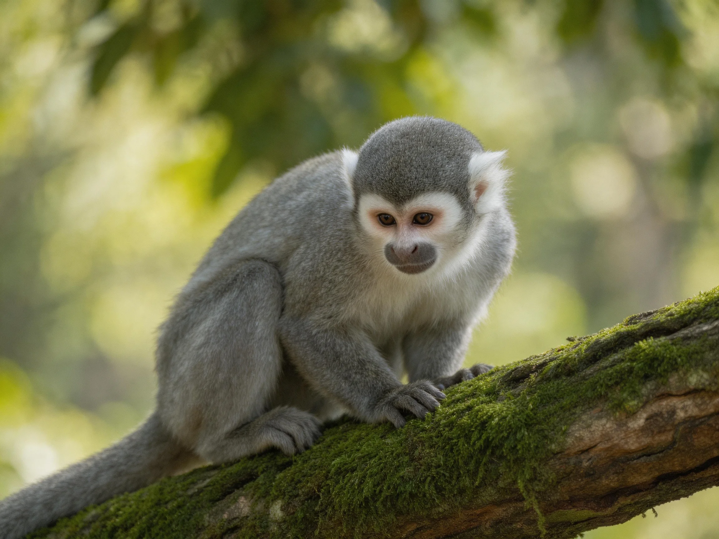 A gray monkey with white facial markings perched on a moss-covered tree branch