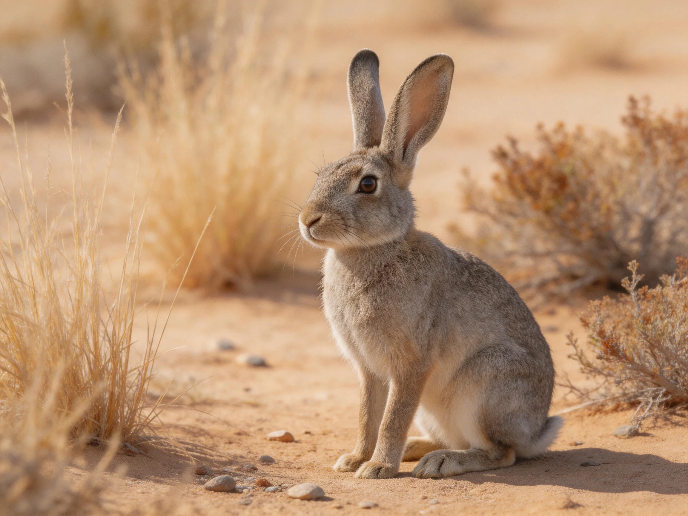 A gray rabbit in a sandy desert landscape