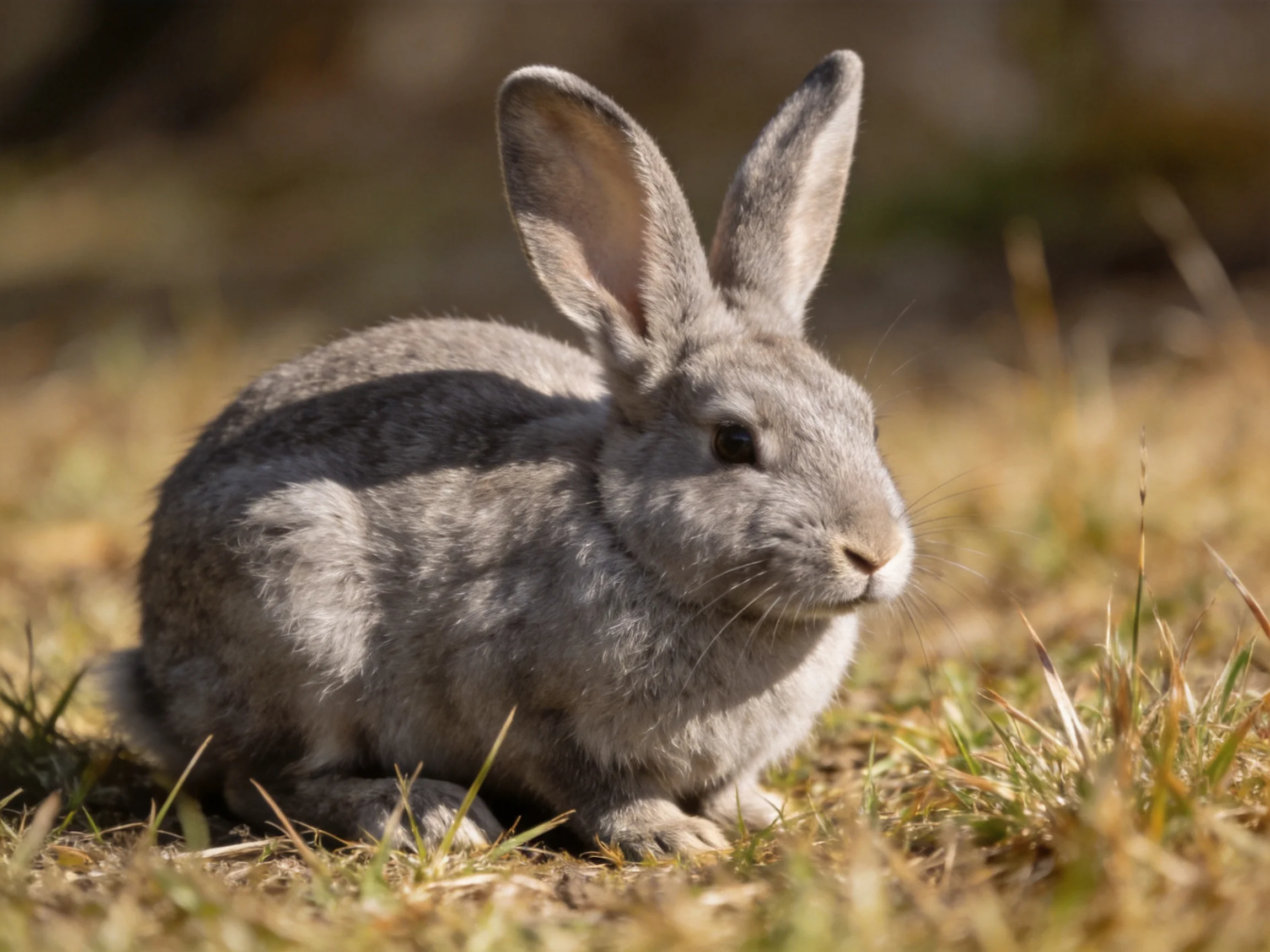 A gray rabbit resting in dry, golden grass