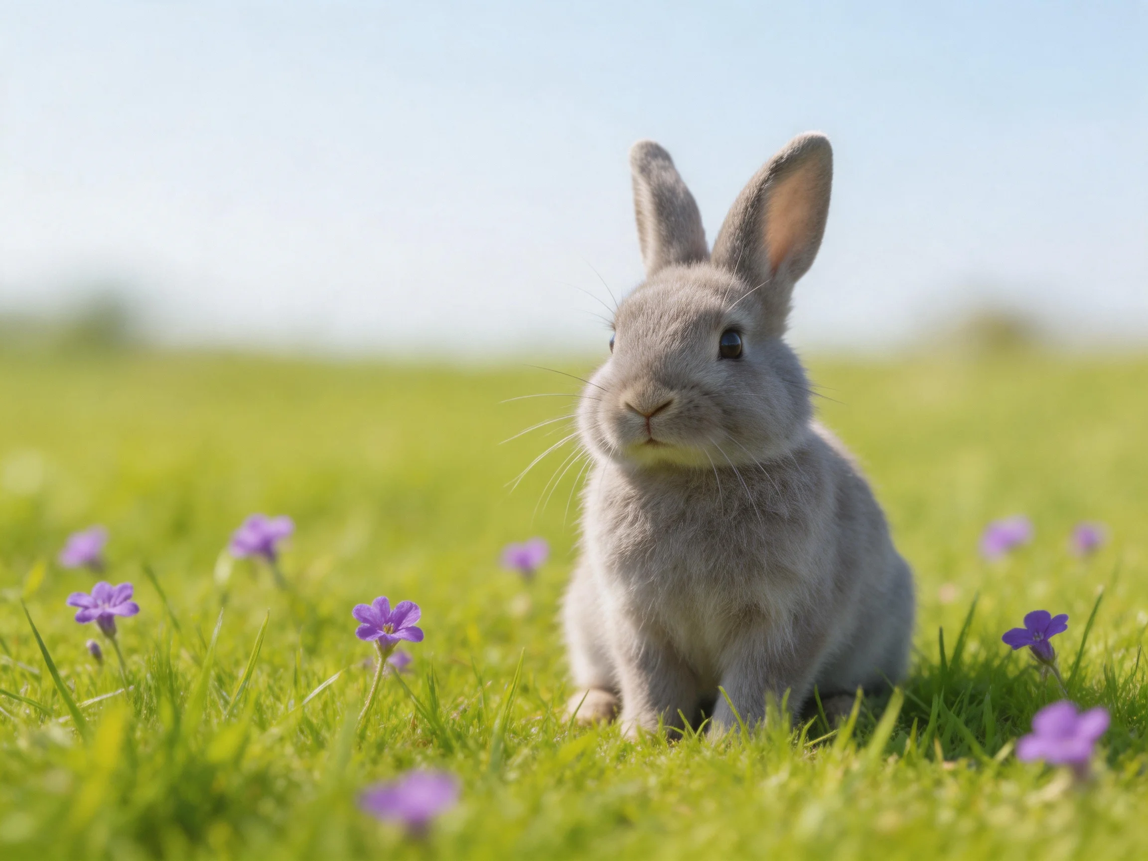 A gray rabbit sits in a meadow with green grass and purple flowers
