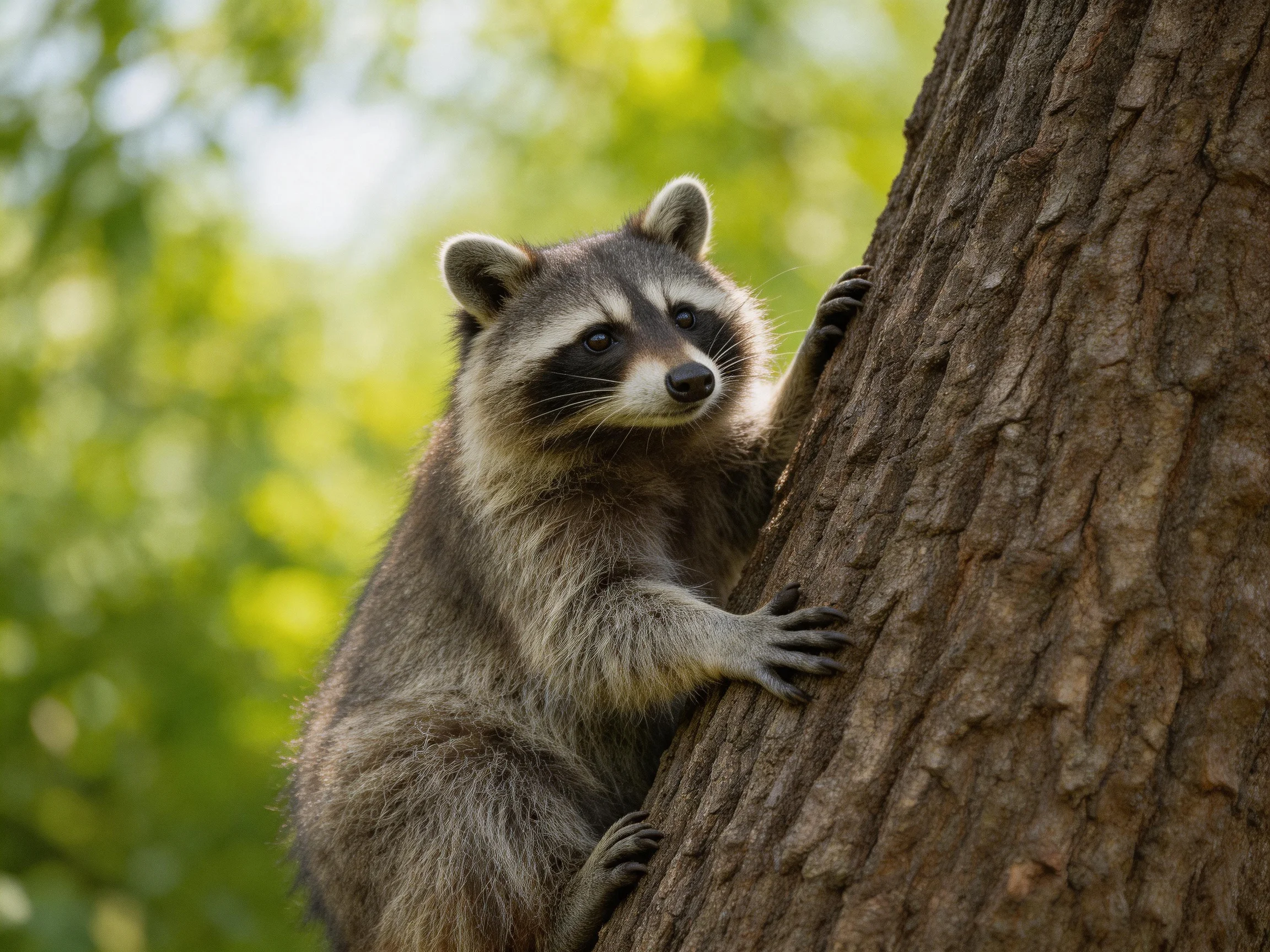 A gray raccoon climbs up thick-barked tree trunk with lush green foliage