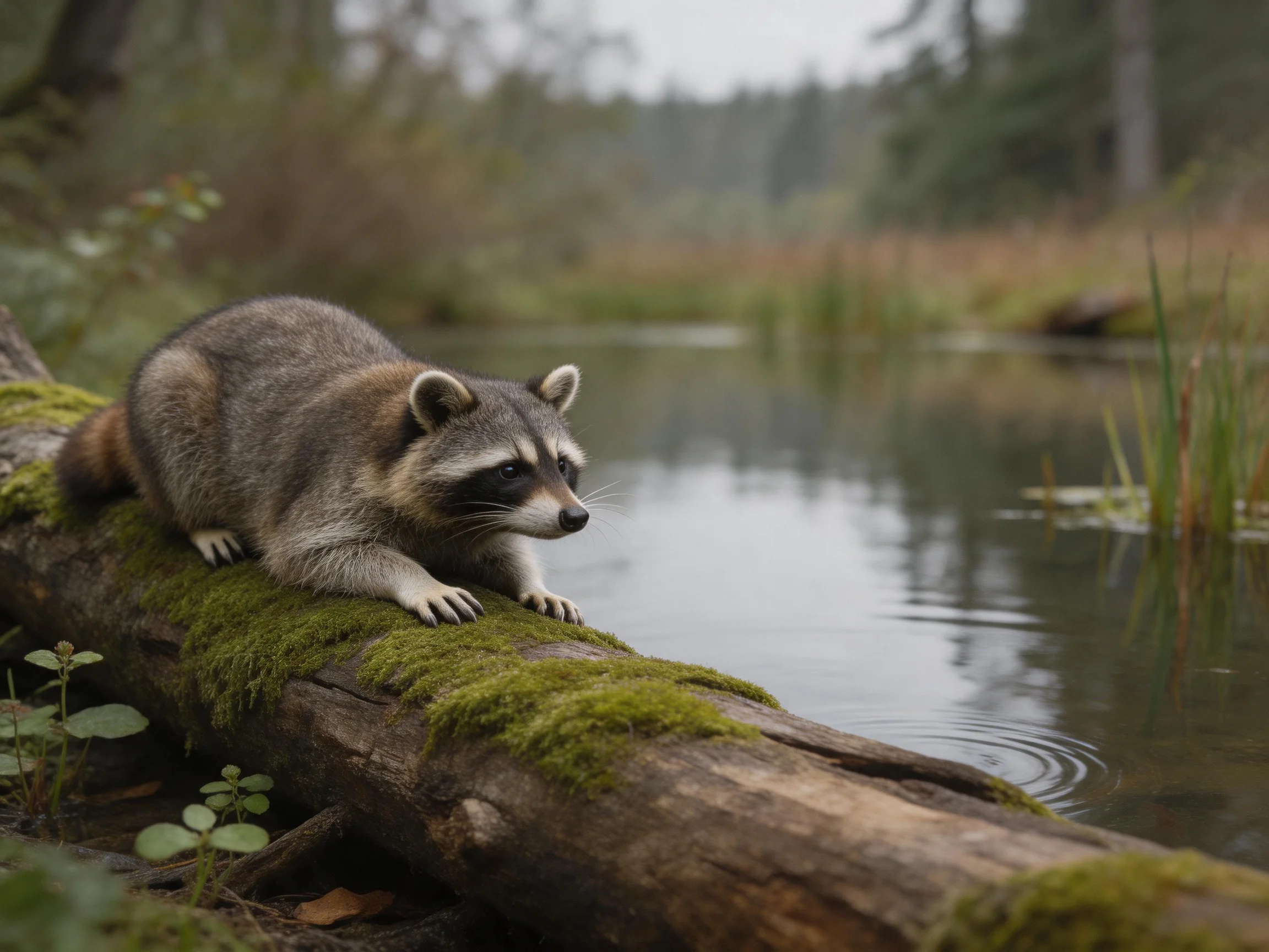 A gray raccoon on a moss-covered log by calm water