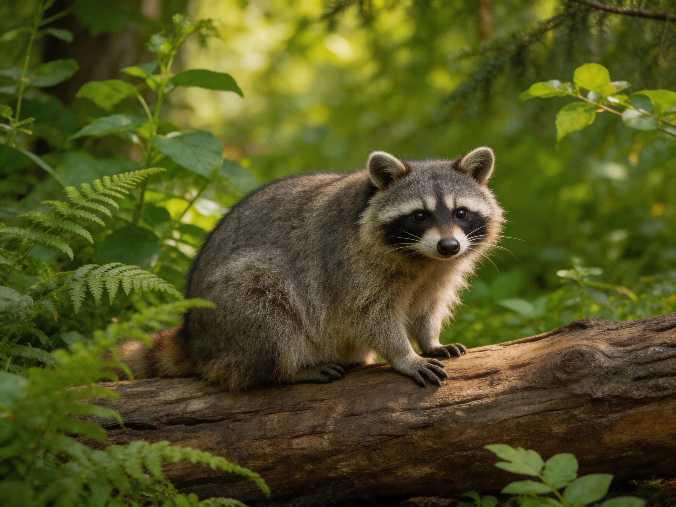 A gray raccoon perches on a large log amidst lush greenery