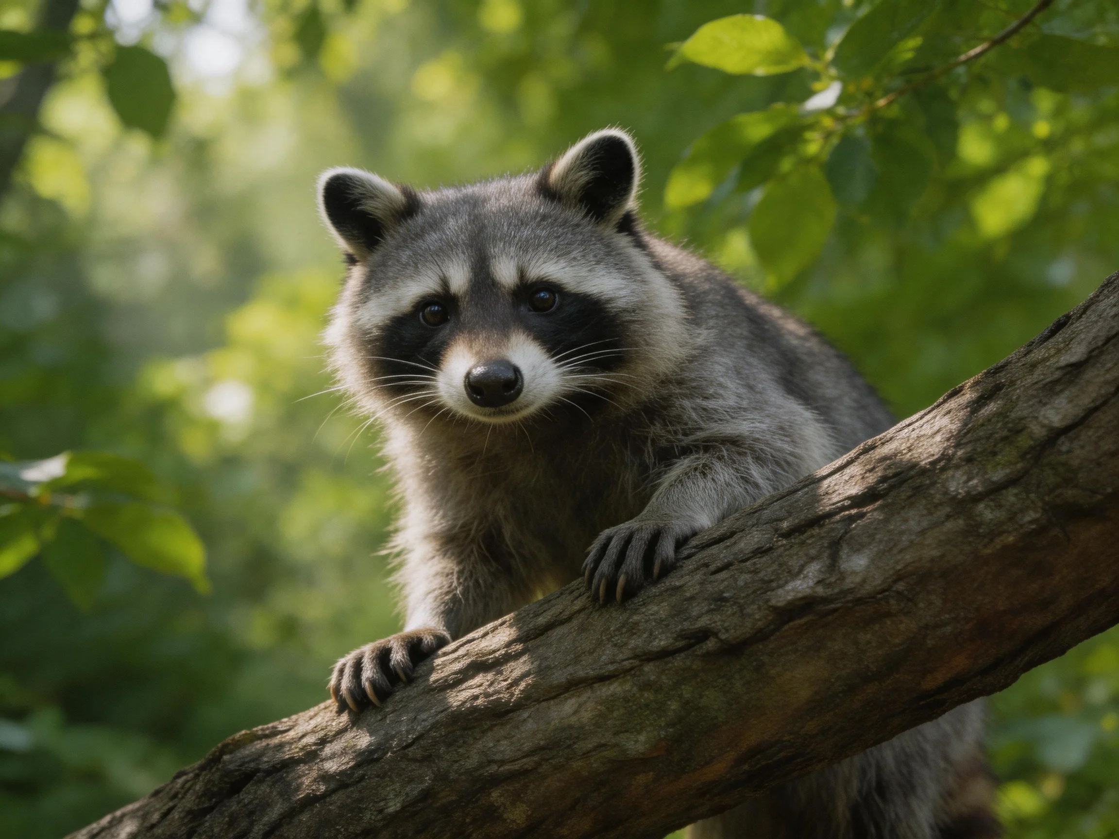 A gray raccoon rests on a gnarled tree branch among dense green leaves