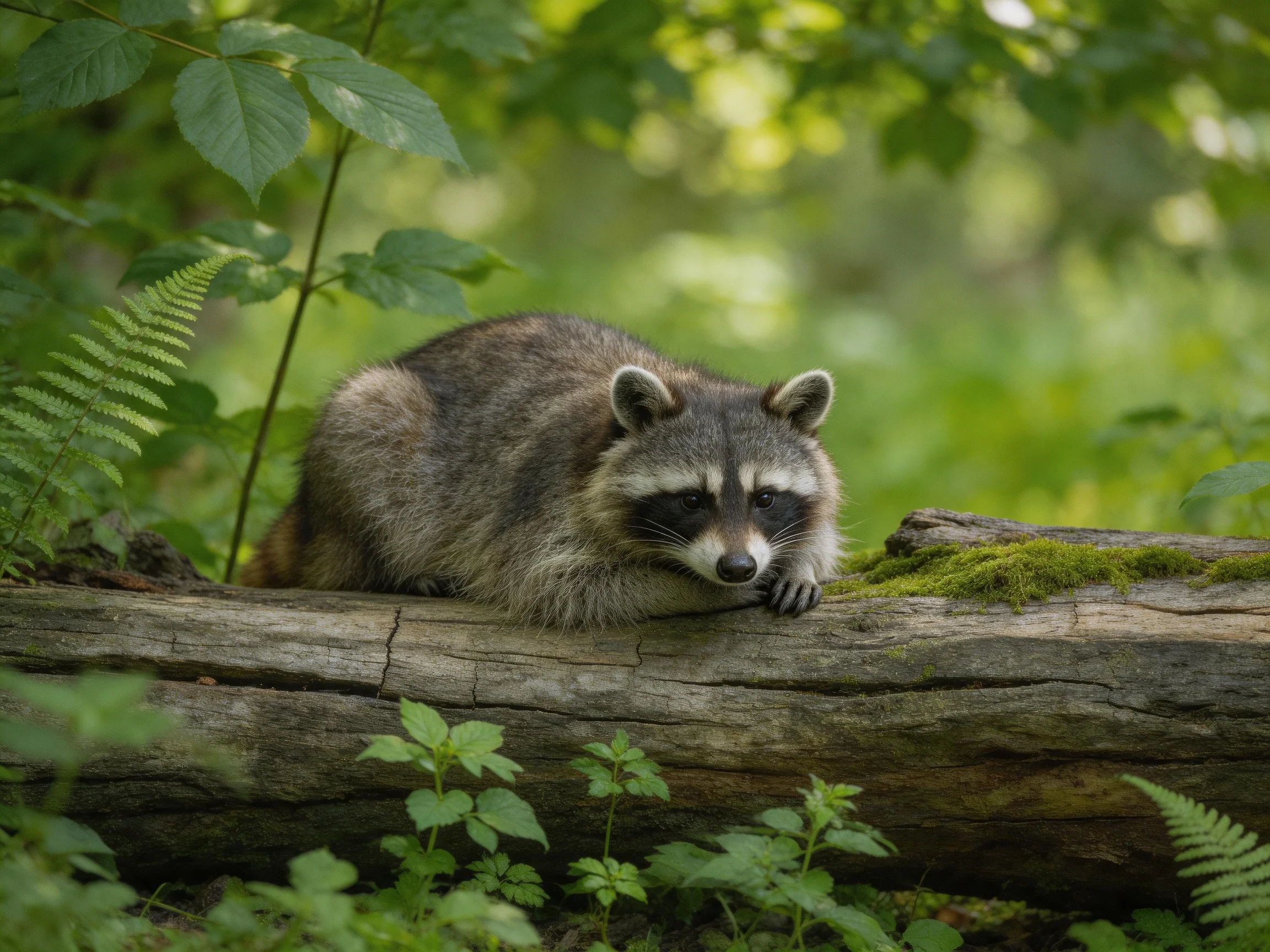 A gray raccoon rests on a moss-covered fallen log amid lush greenery