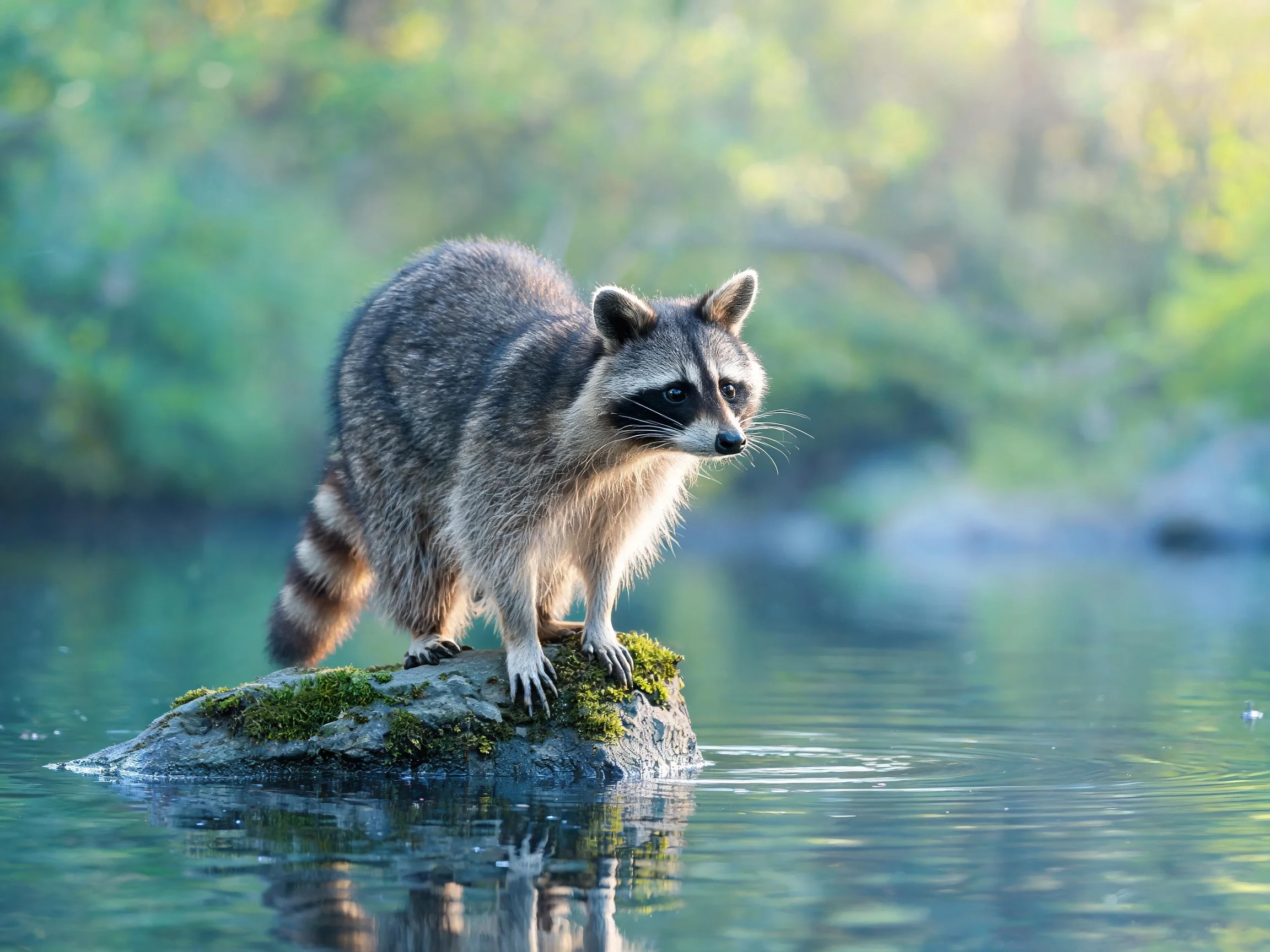 A gray raccoon stands on a mossy rock near calm water