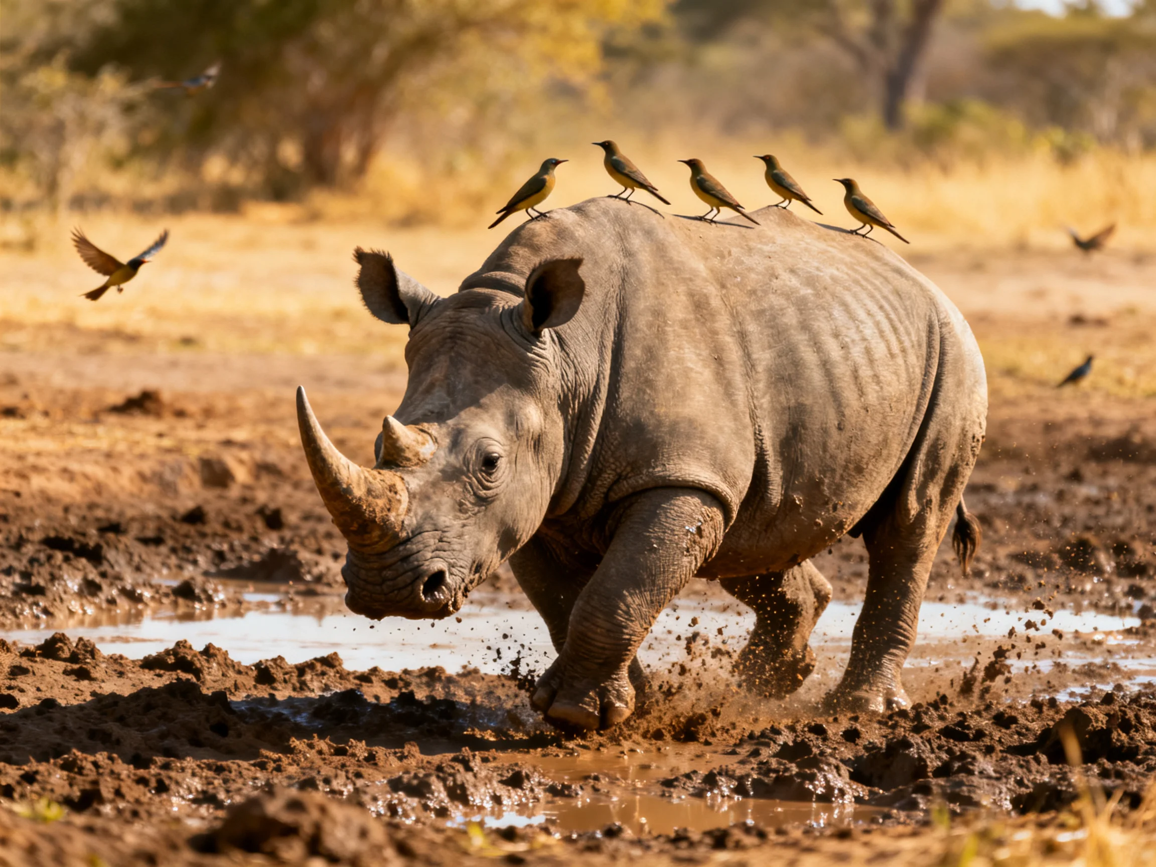 A gray rhino walks through muddy terrain with birds nearby