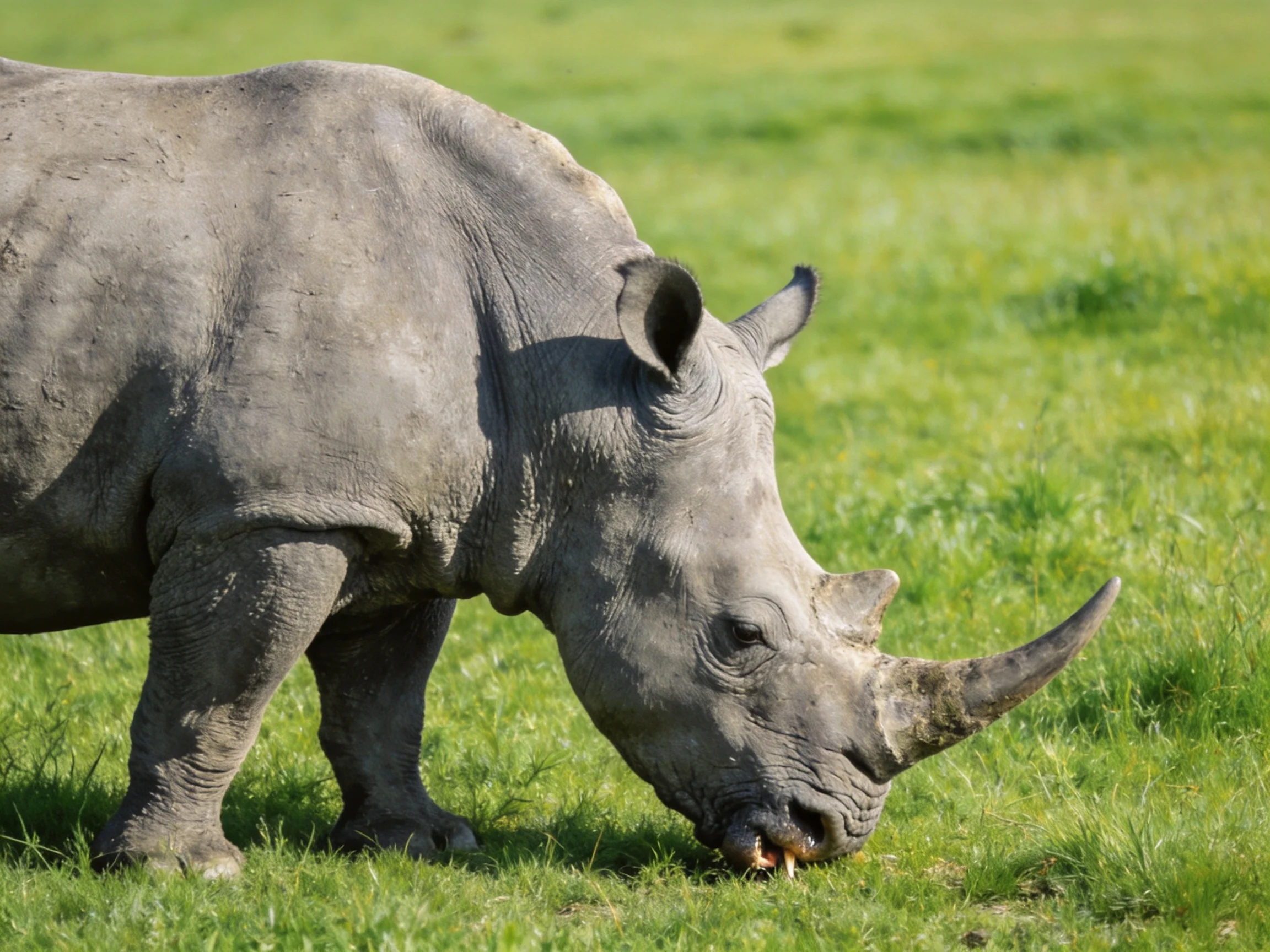 A gray rhinoceros grazing in a lush green meadow