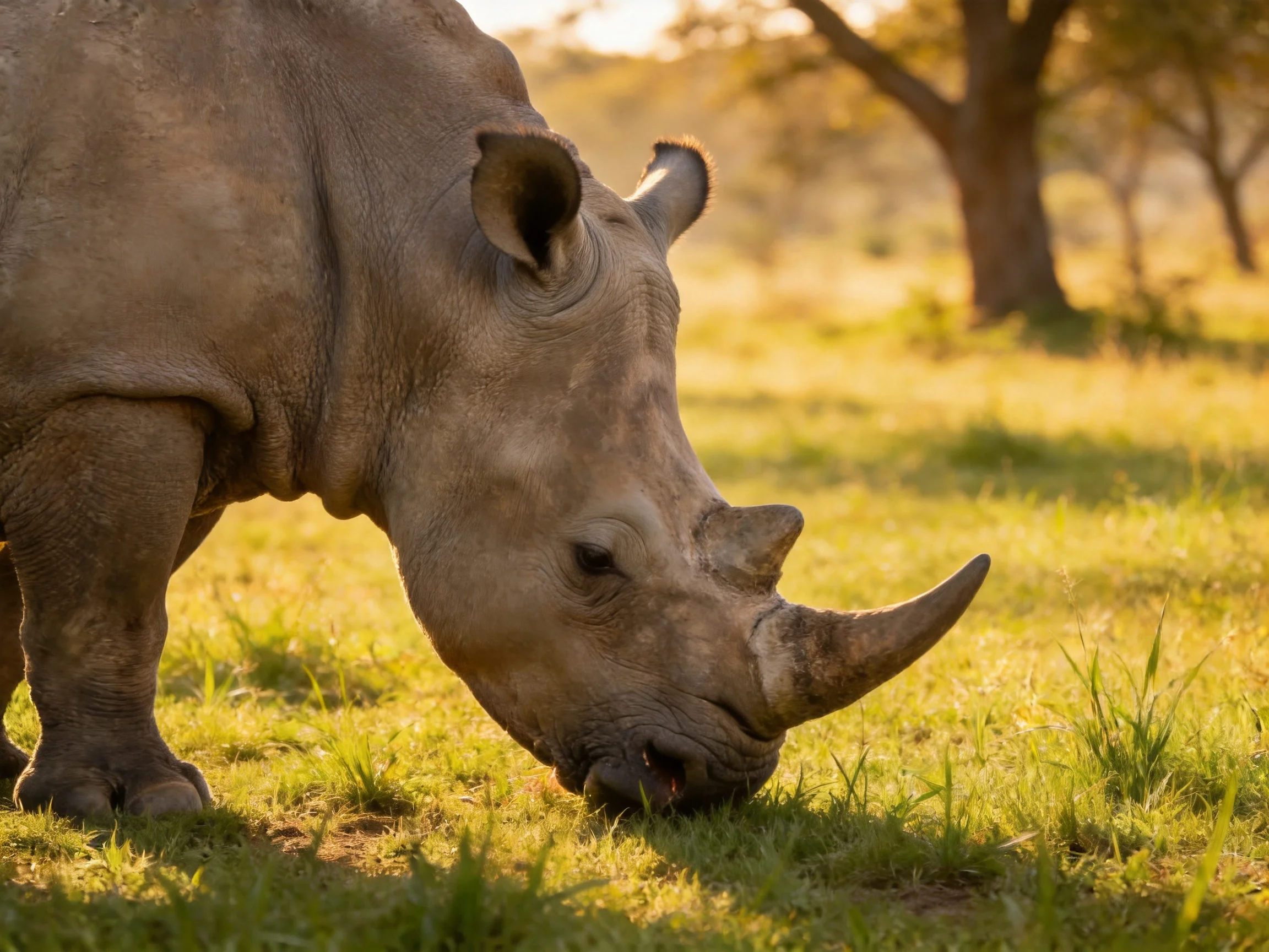 A gray rhinoceros grazing in a sunlit savannah