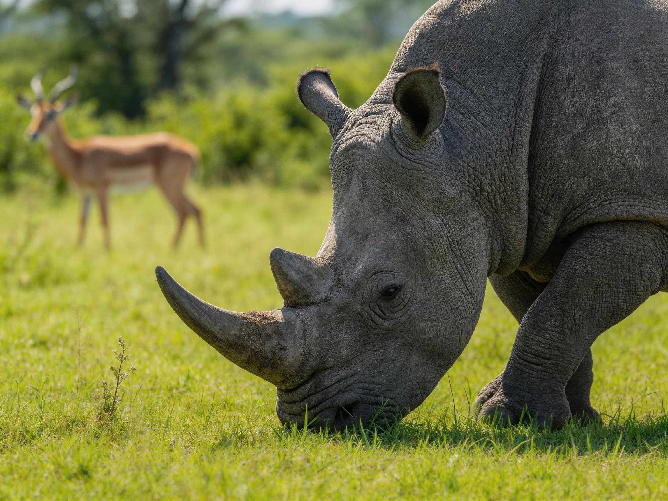 A gray rhinoceros grazing near a tan antelope in lush green grass