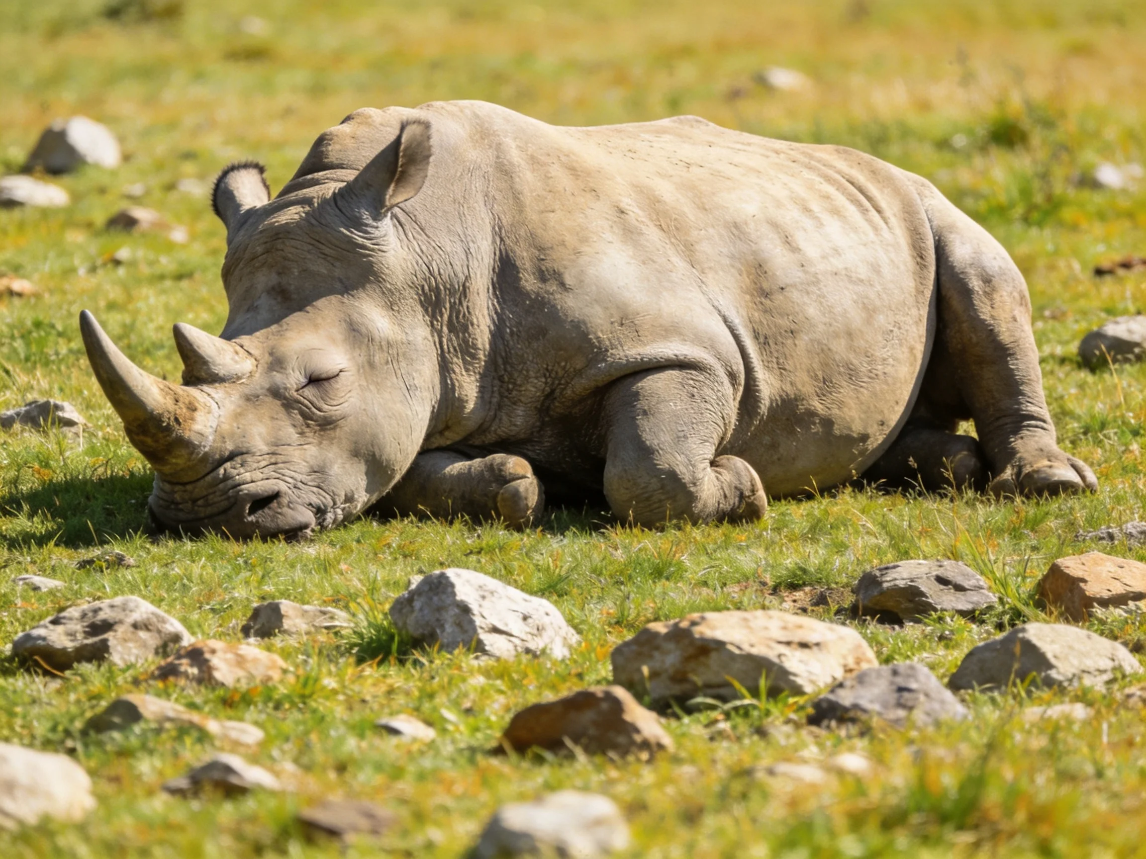 A rhinoceros rests on grass near scattered rocks in bright daylight.