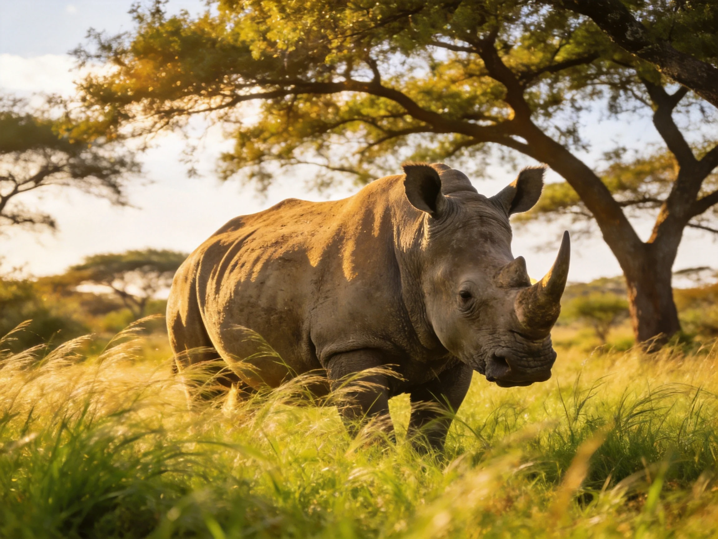 A gray rhinoceros roams through tall golden grass under sunlit trees