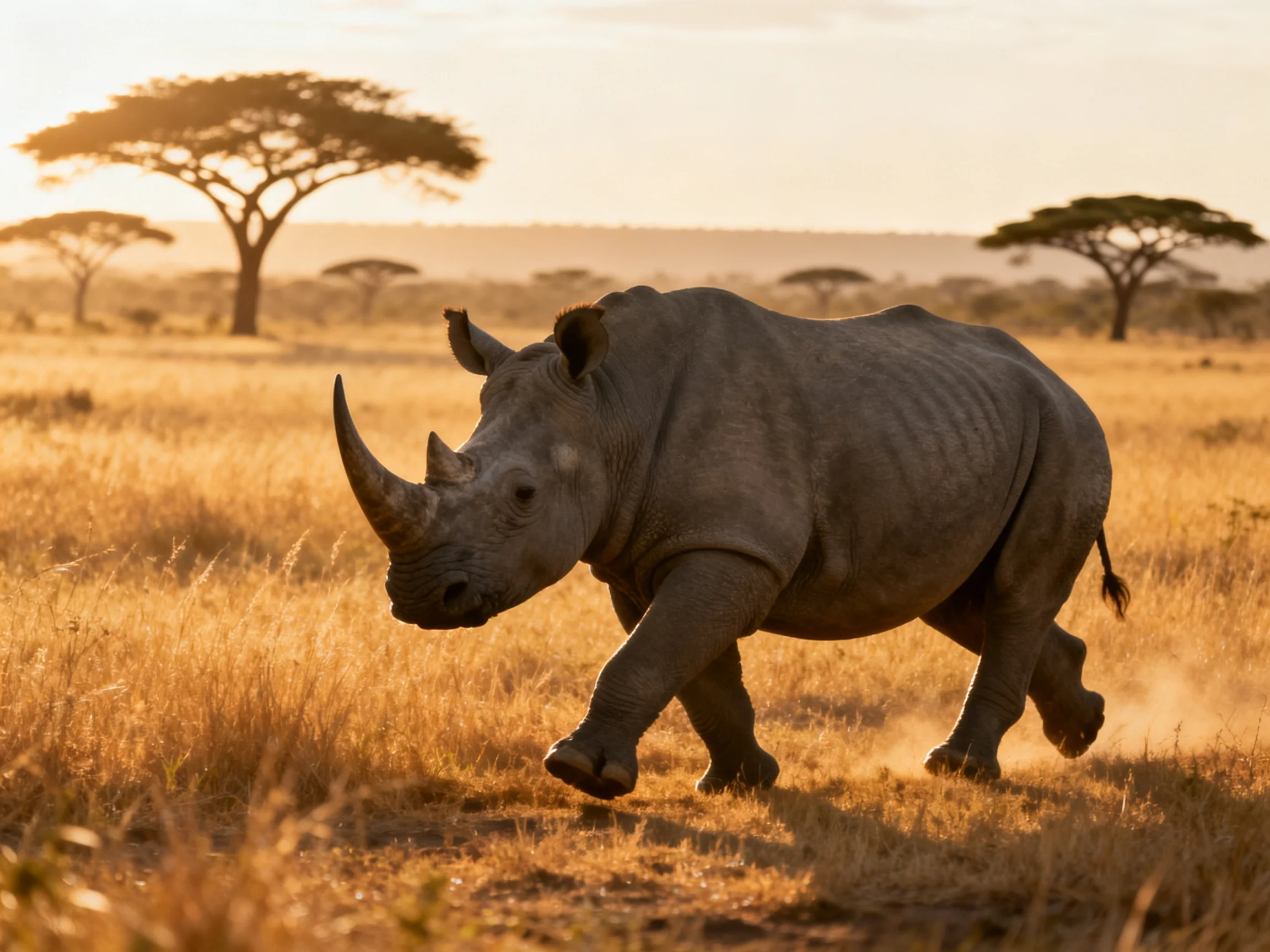 A gray rhinoceros moves swiftly across golden savannah grasslands.