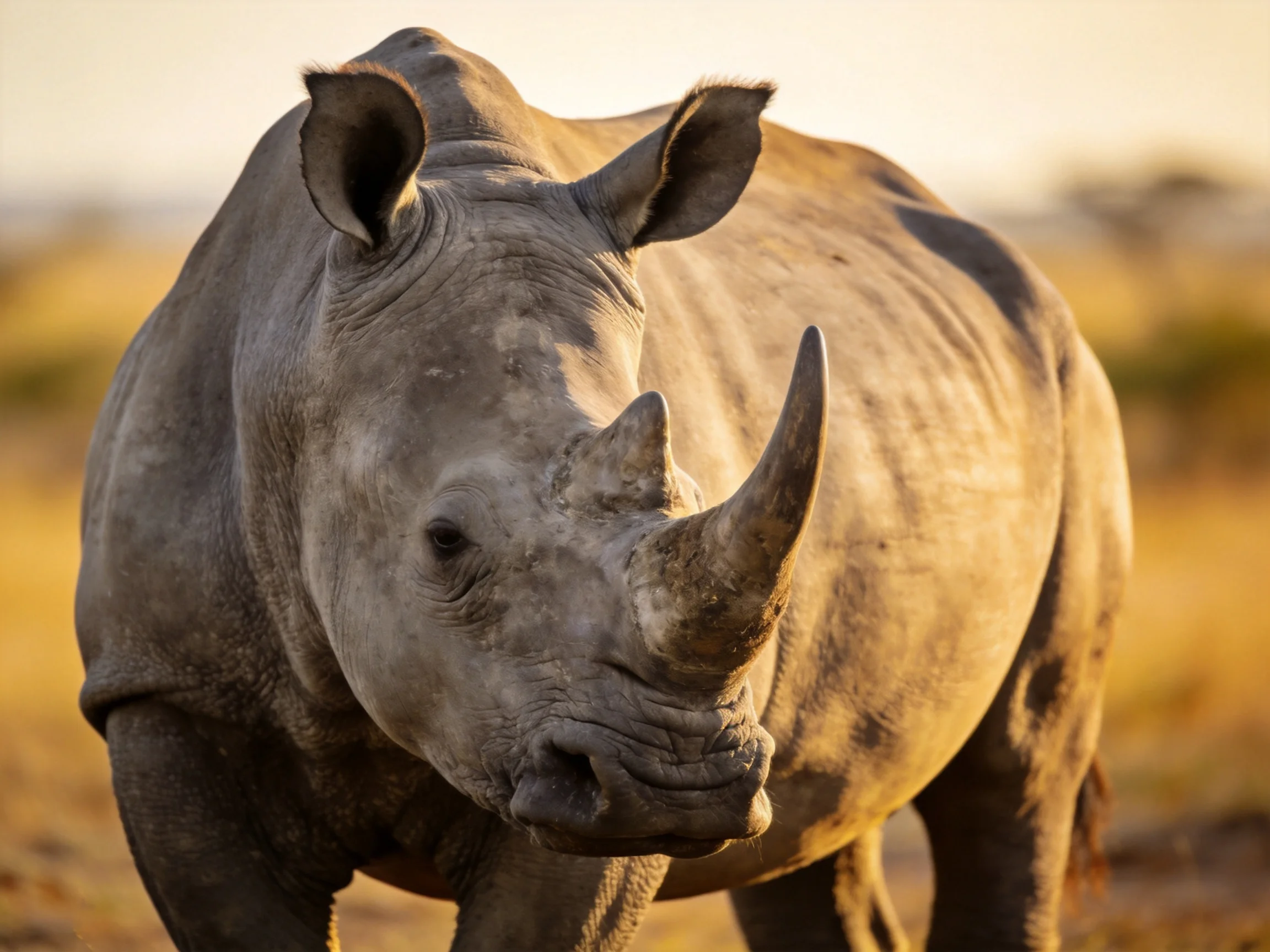 A gray rhinoceros stands in sunlit savannah with blurred vegetation